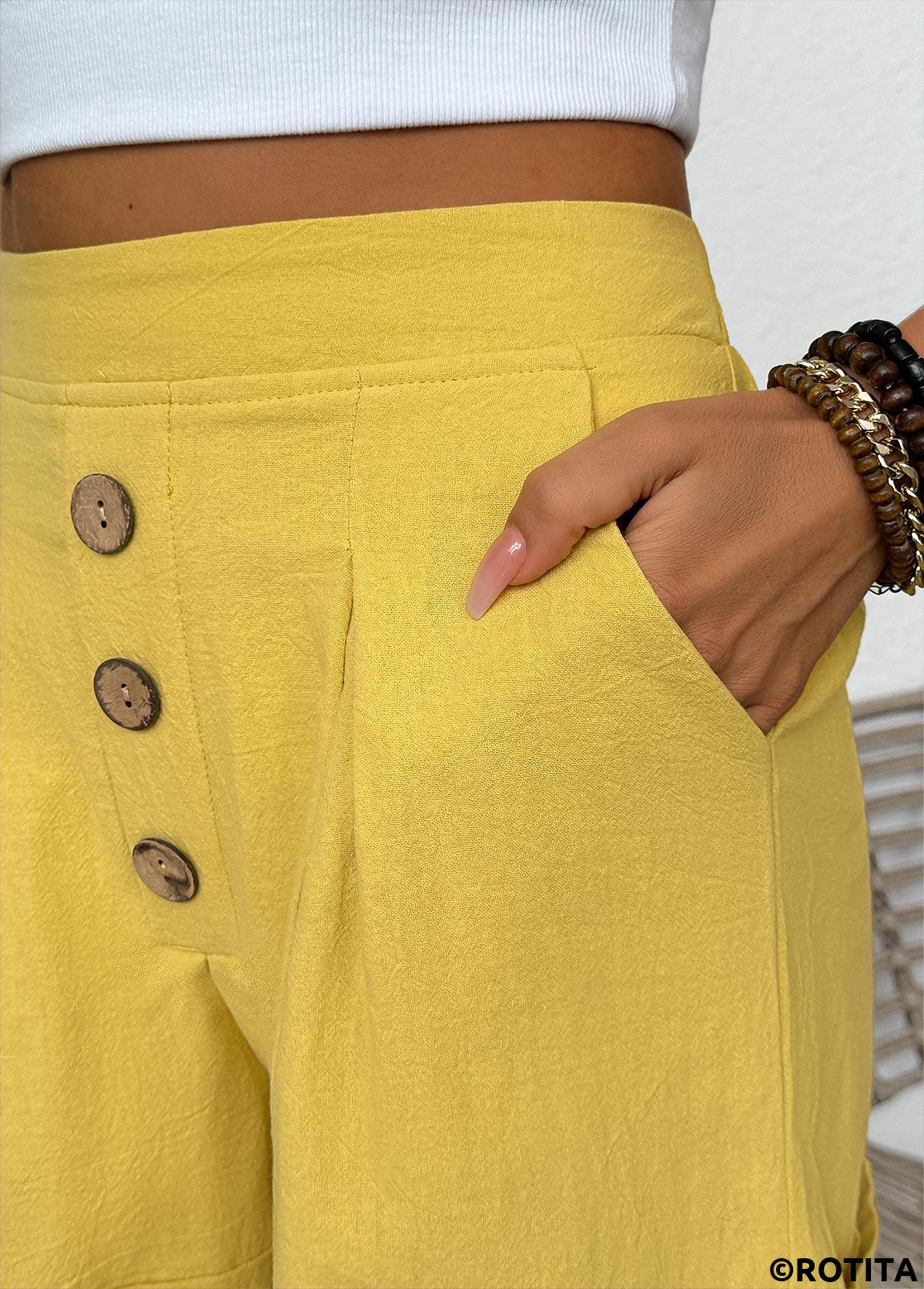 Yellow bottoms,Plain Color bottoms,Yellow Elastic Waist High Waisted Shorts