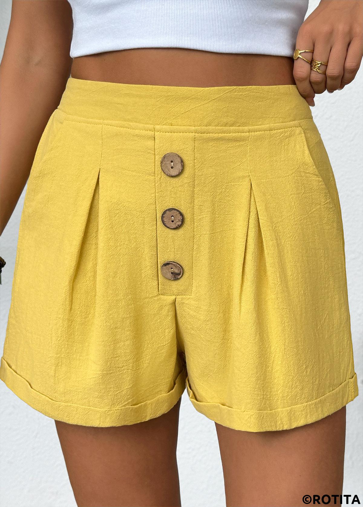 Yellow bottoms,Plain Color bottoms,Yellow Elastic Waist High Waisted Shorts