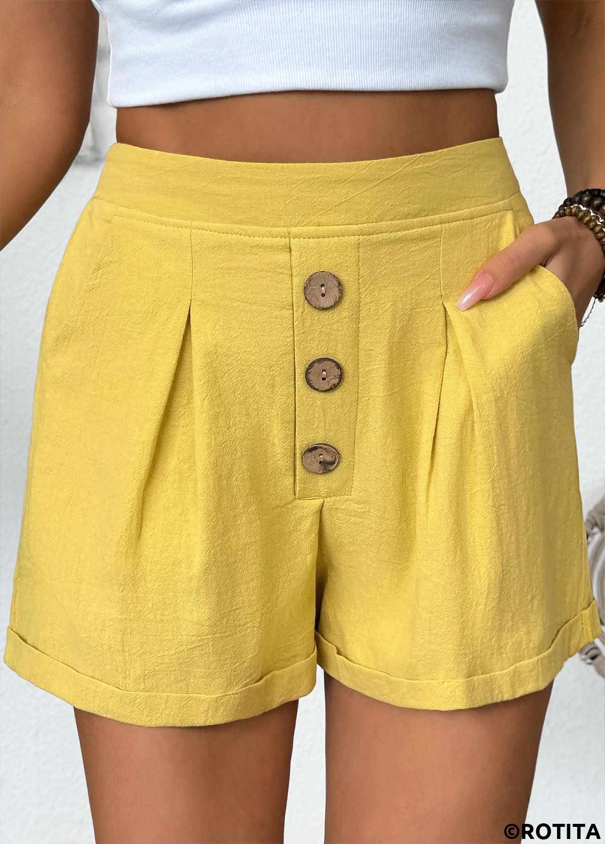 Yellow bottoms,Plain Color bottoms,Yellow Elastic Waist High Waisted Shorts