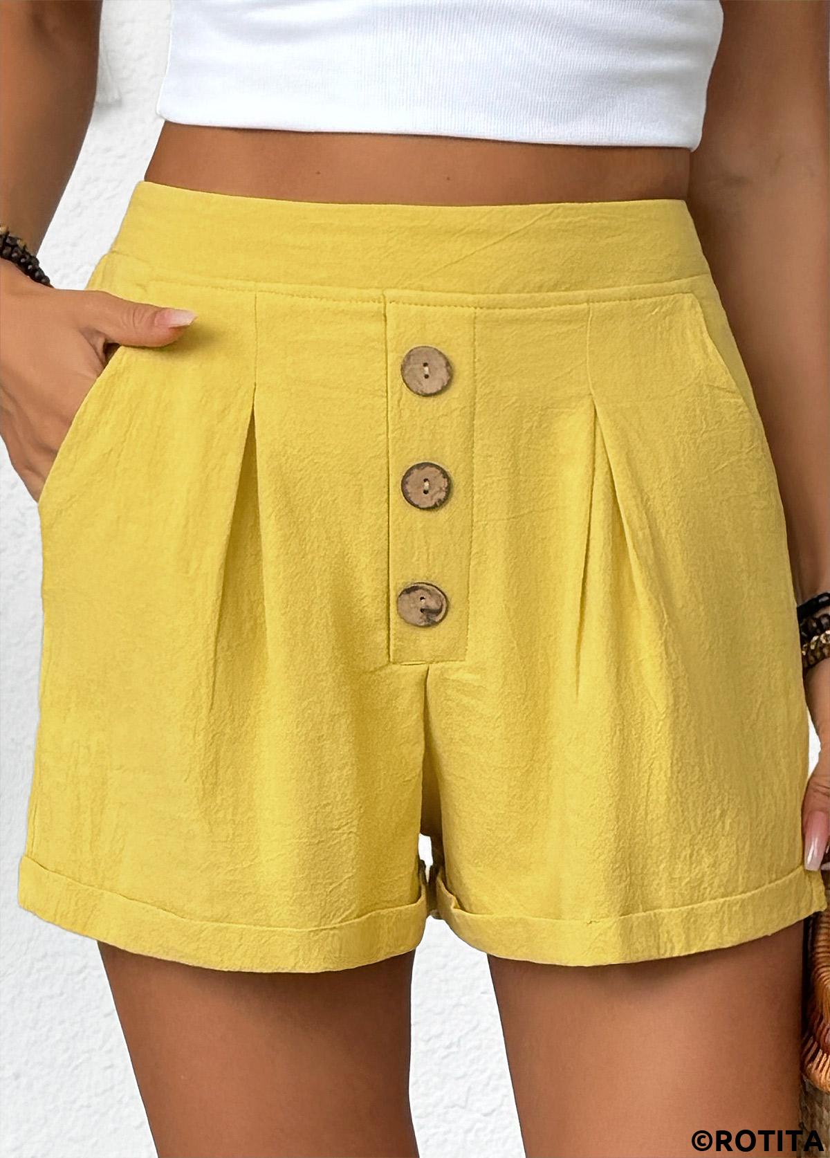 Yellow bottoms,Plain Color bottoms,Yellow Elastic Waist High Waisted Shorts