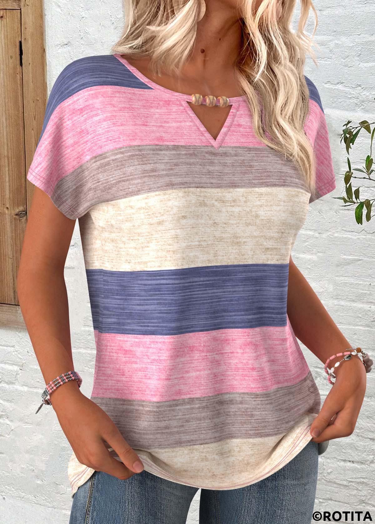 Multi Color tops,Striped tops,Geometric tops,ROTITA Striped Multi Color Round Neck Short Sleeve T Shirt