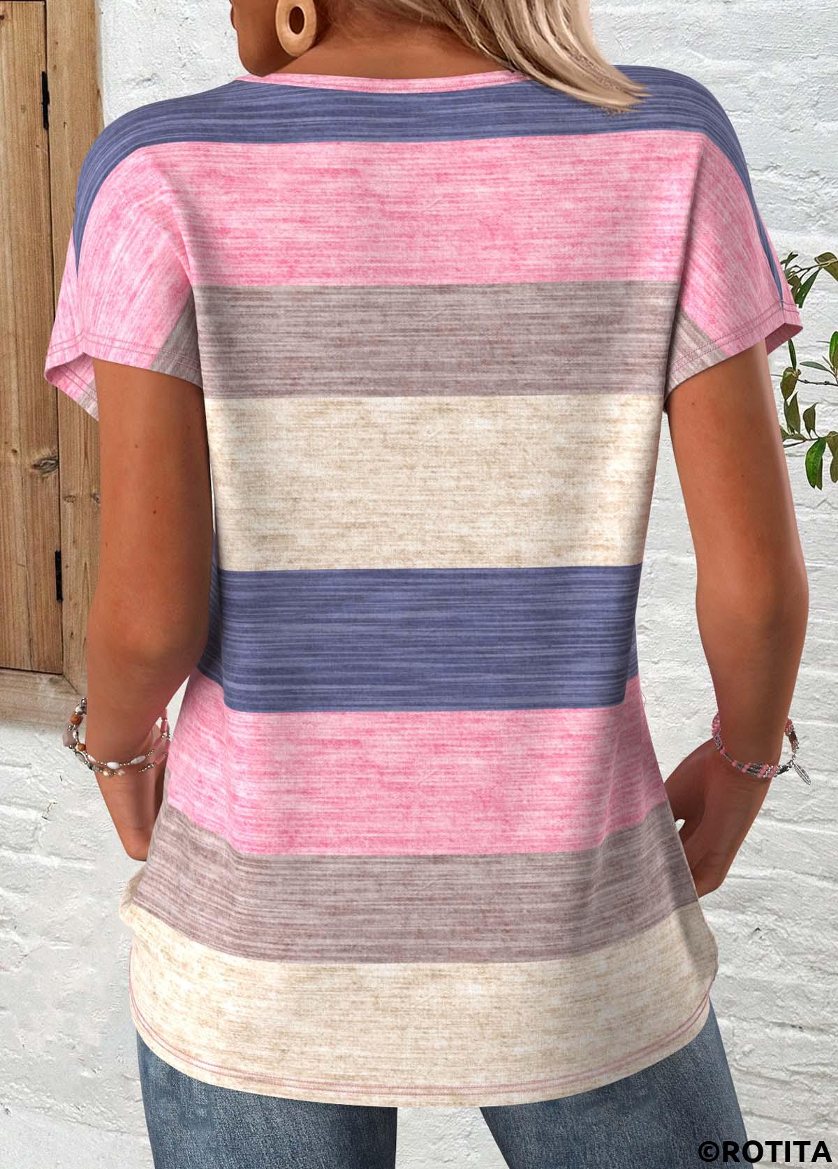 Multi Color tops,Striped tops,Geometric tops,ROTITA Striped Multi Color Round Neck Short Sleeve T Shirt