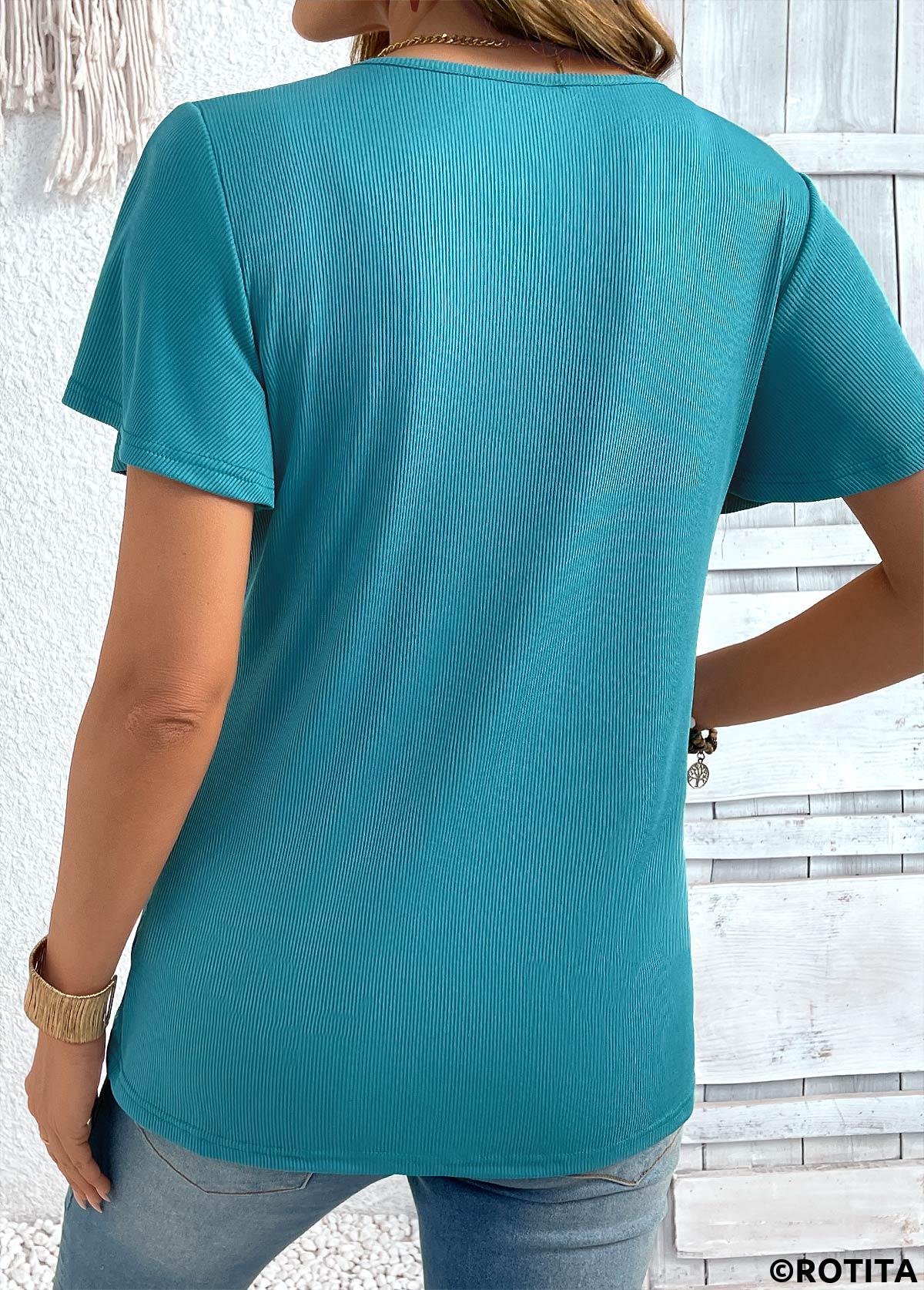 Turquoise tops,Plain Color tops,ROTITA Turquoise Round Neck Short Sleeve T Shirt