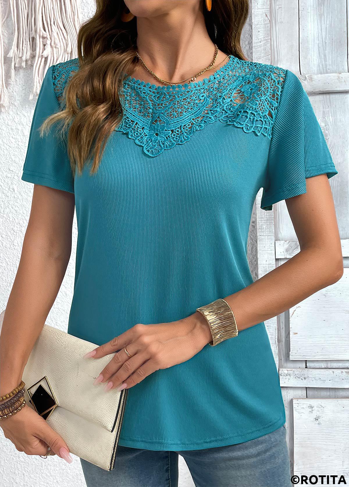 Turquoise tops,Plain Color tops,ROTITA Turquoise Round Neck Short Sleeve T Shirt