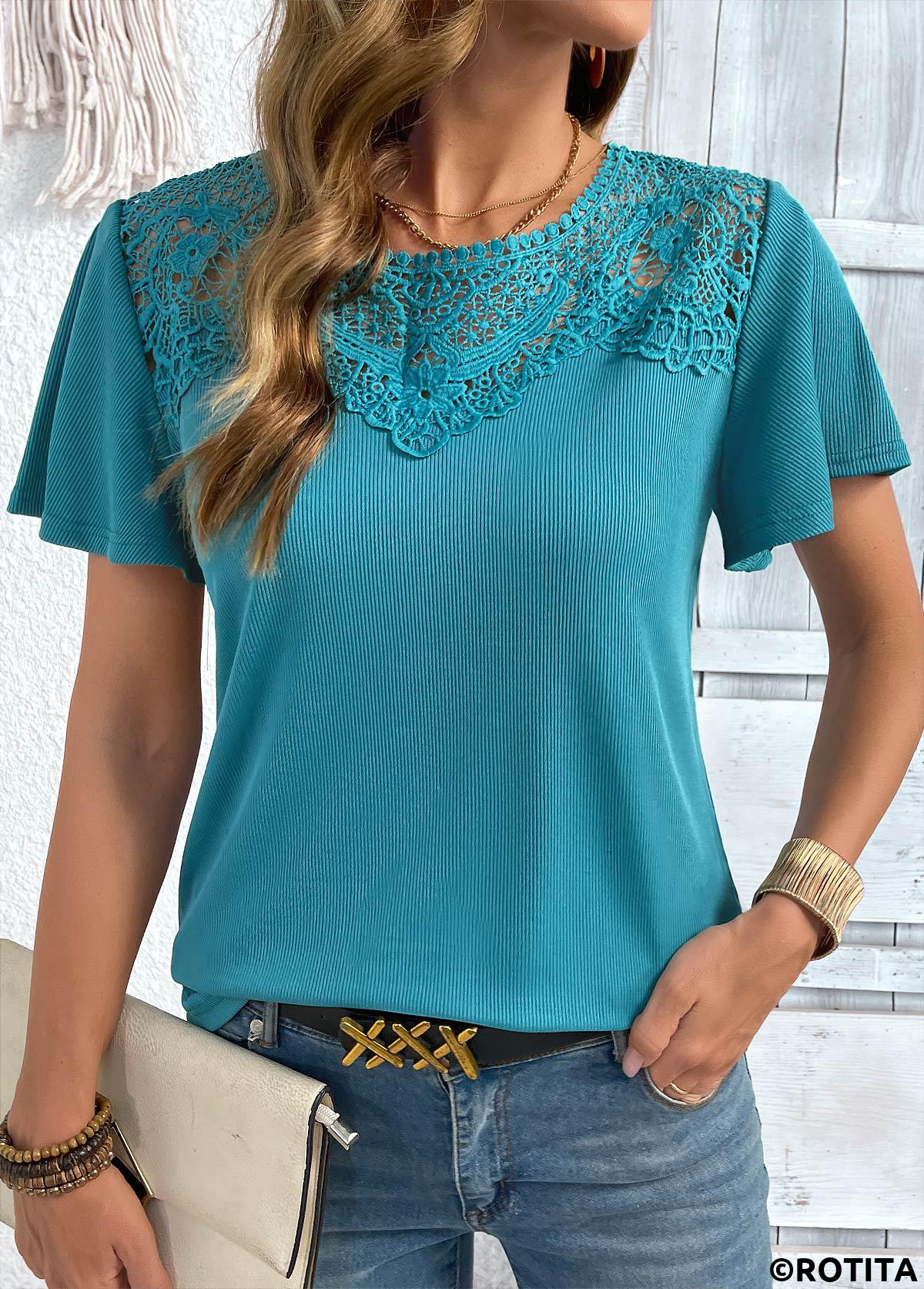 Turquoise tops,Plain Color tops,ROTITA Turquoise Round Neck Short Sleeve T Shirt