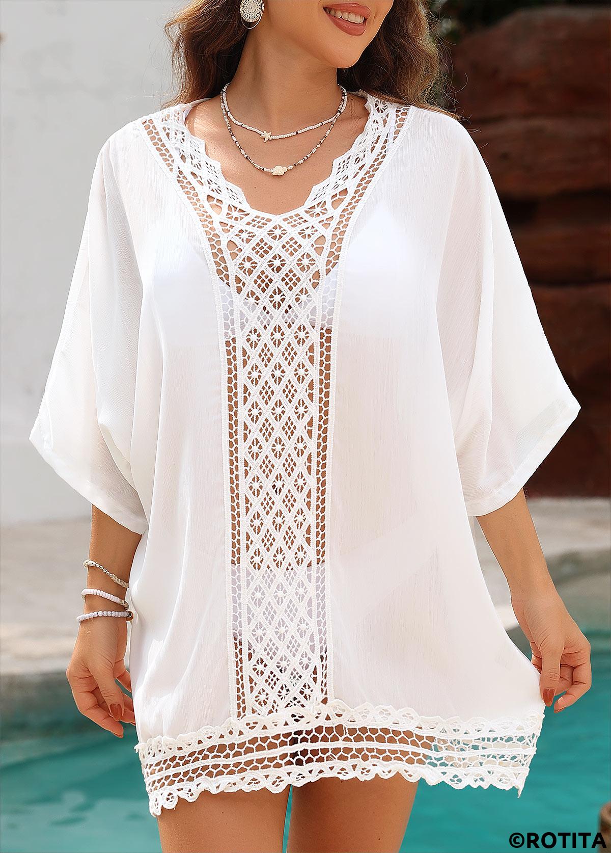 White swimwear,Plain Color swimwear,White 3/4 Sleeve V Neck Cover Up