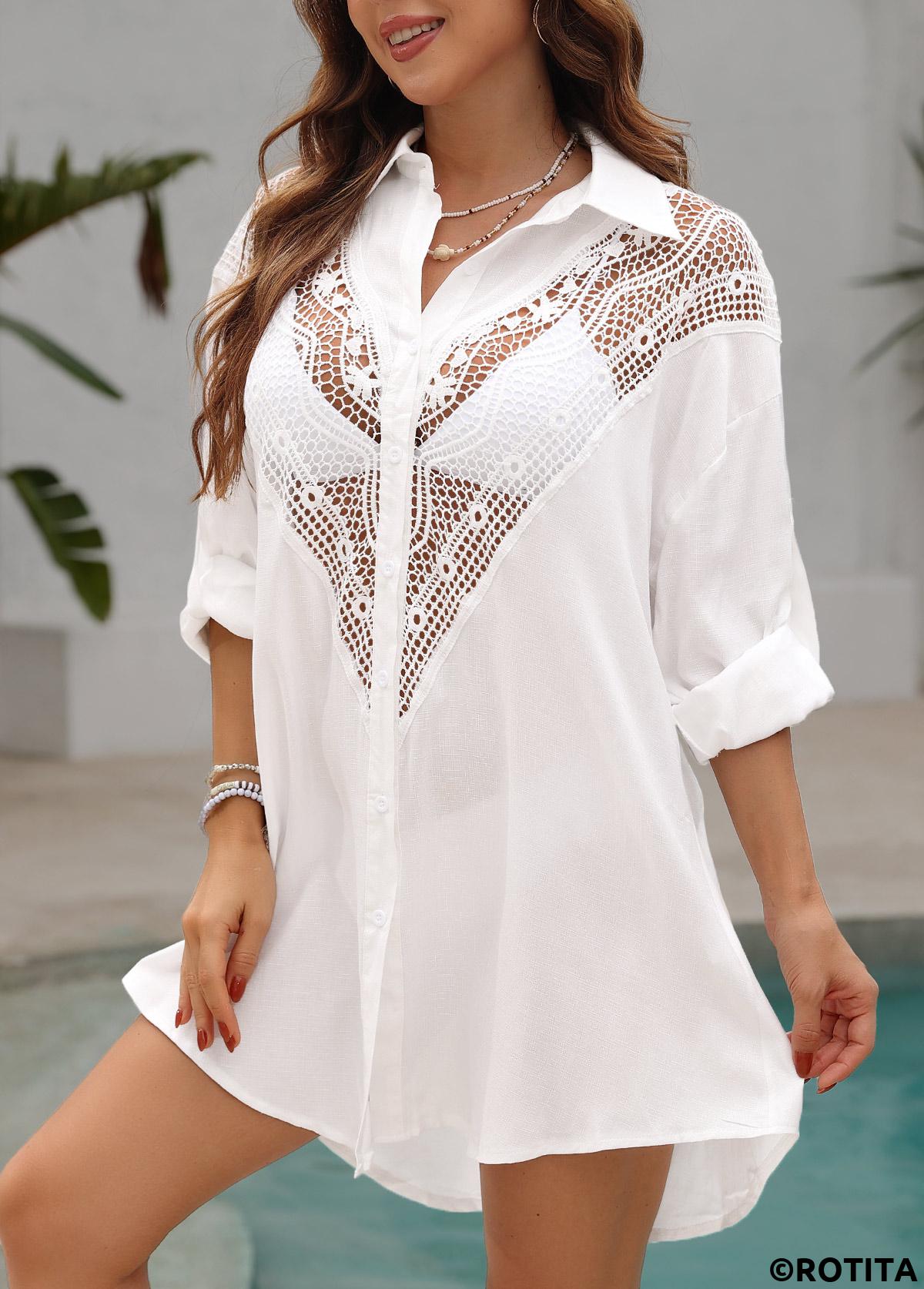 White swimwear,Plain Color swimwear,White Color Patchwork Detail Cover Up