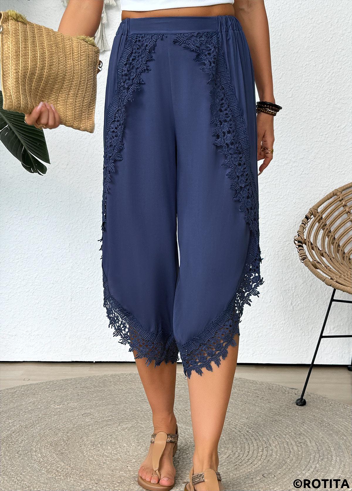 Denim Blue bottoms,Plain Color bottoms,Denim Blue Wide Leg Elastic Waist Mid Waisted Pants