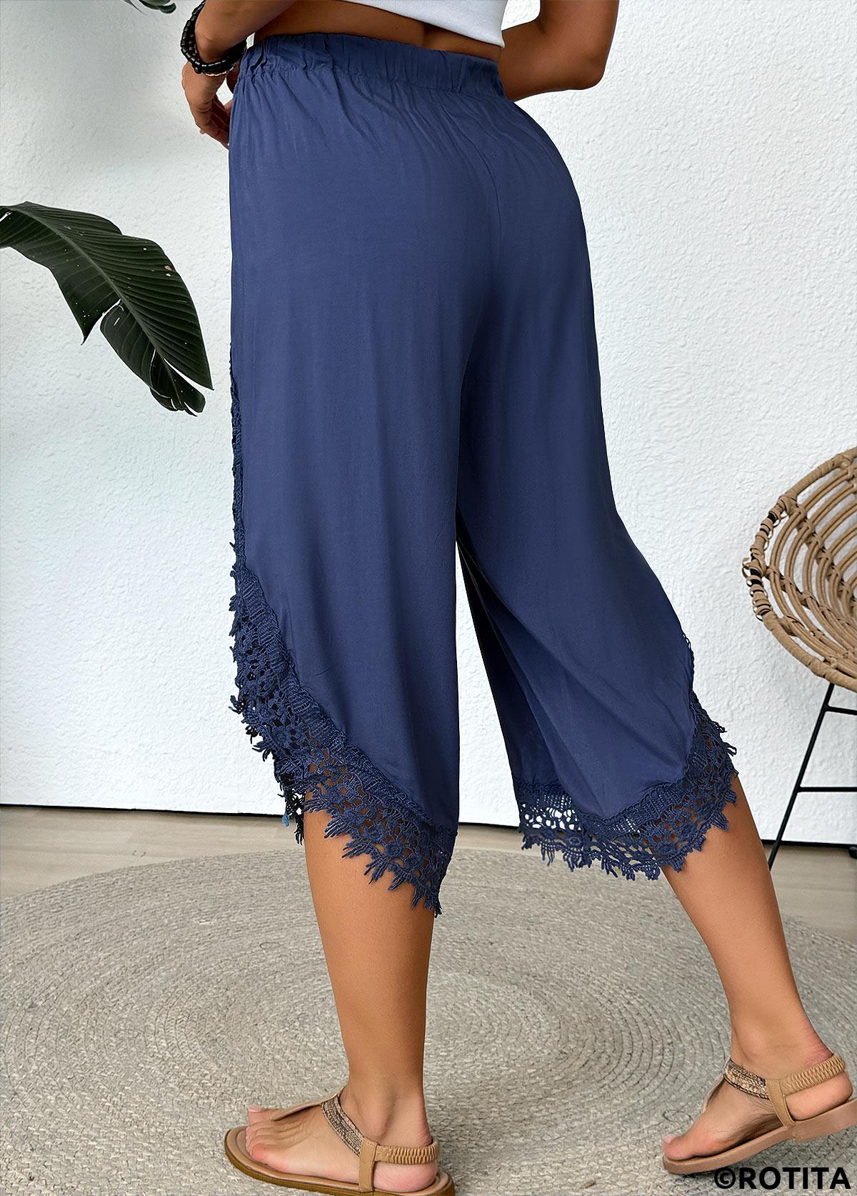 Denim Blue bottoms,Plain Color bottoms,Denim Blue Wide Leg Elastic Waist Mid Waisted Pants