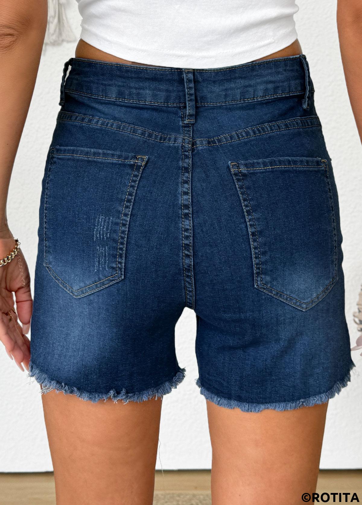 Denim Blue bottoms,Plain Color bottoms,Denim Blue Button Fly High Waisted Denim Shorts