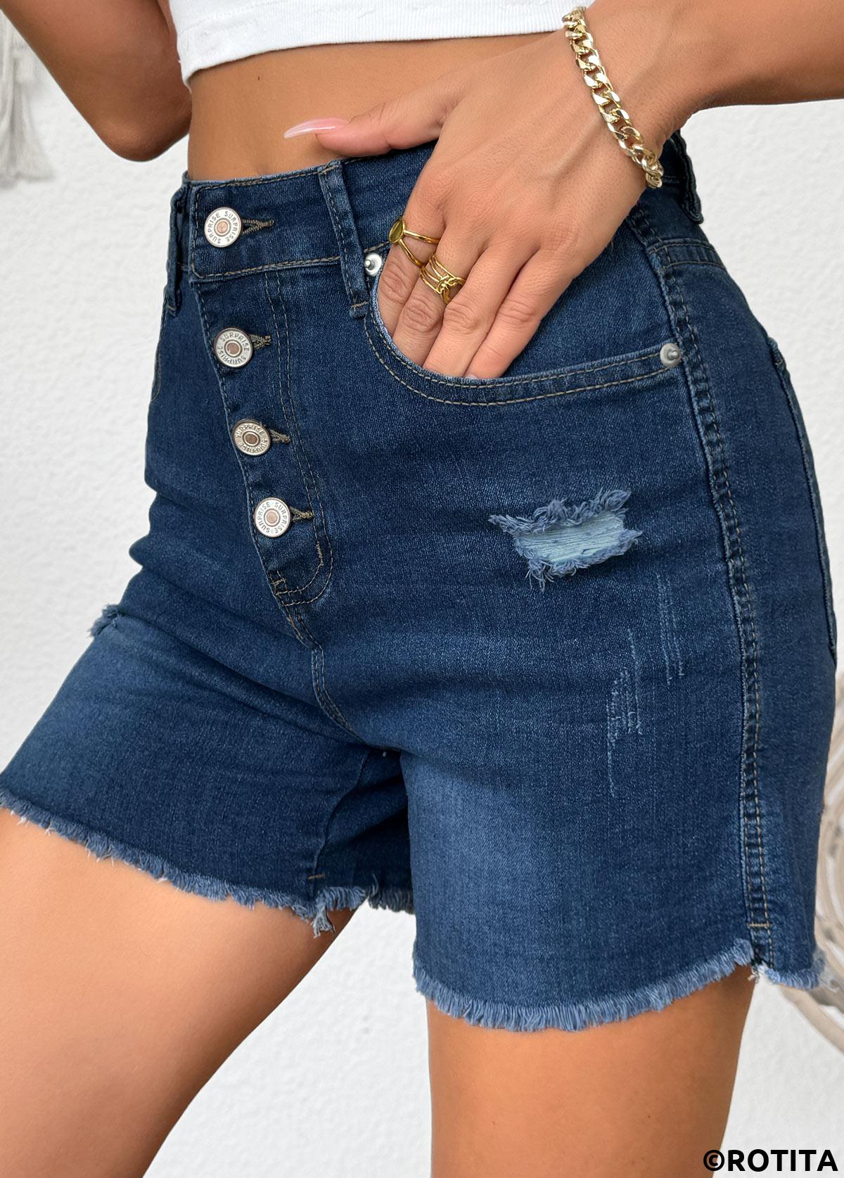 Denim Blue bottoms,Plain Color bottoms,Denim Blue Button Fly High Waisted Denim Shorts