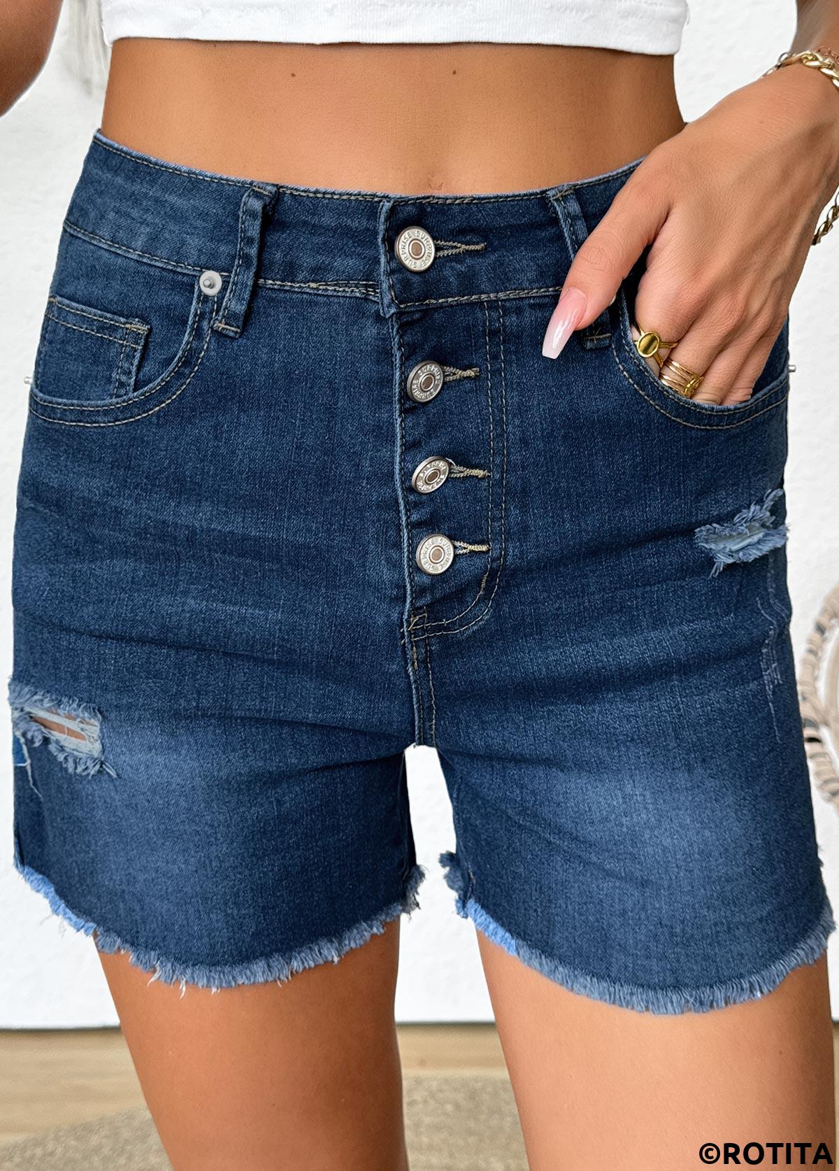 Denim Blue bottoms,Plain Color bottoms,Denim Blue Button Fly High Waisted Denim Shorts