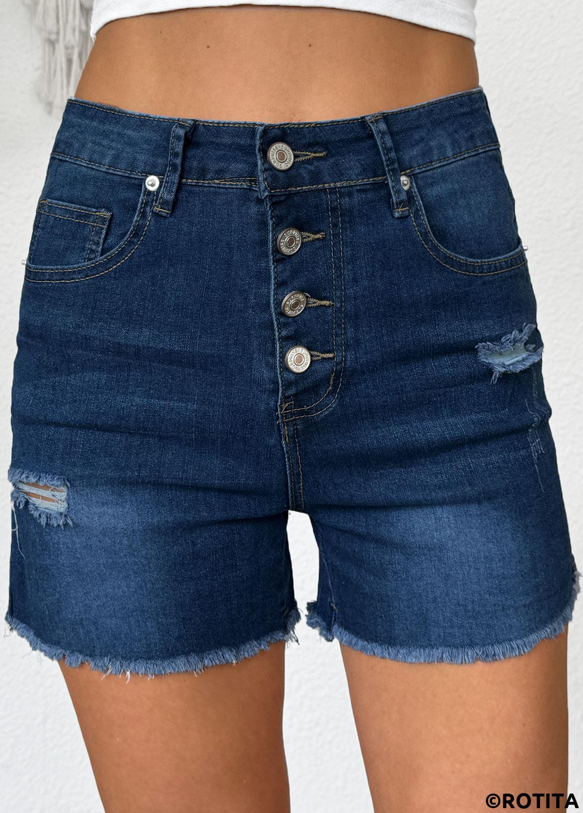 Denim Blue bottoms,Plain Color bottoms,Denim Blue Button Fly High Waisted Denim Shorts