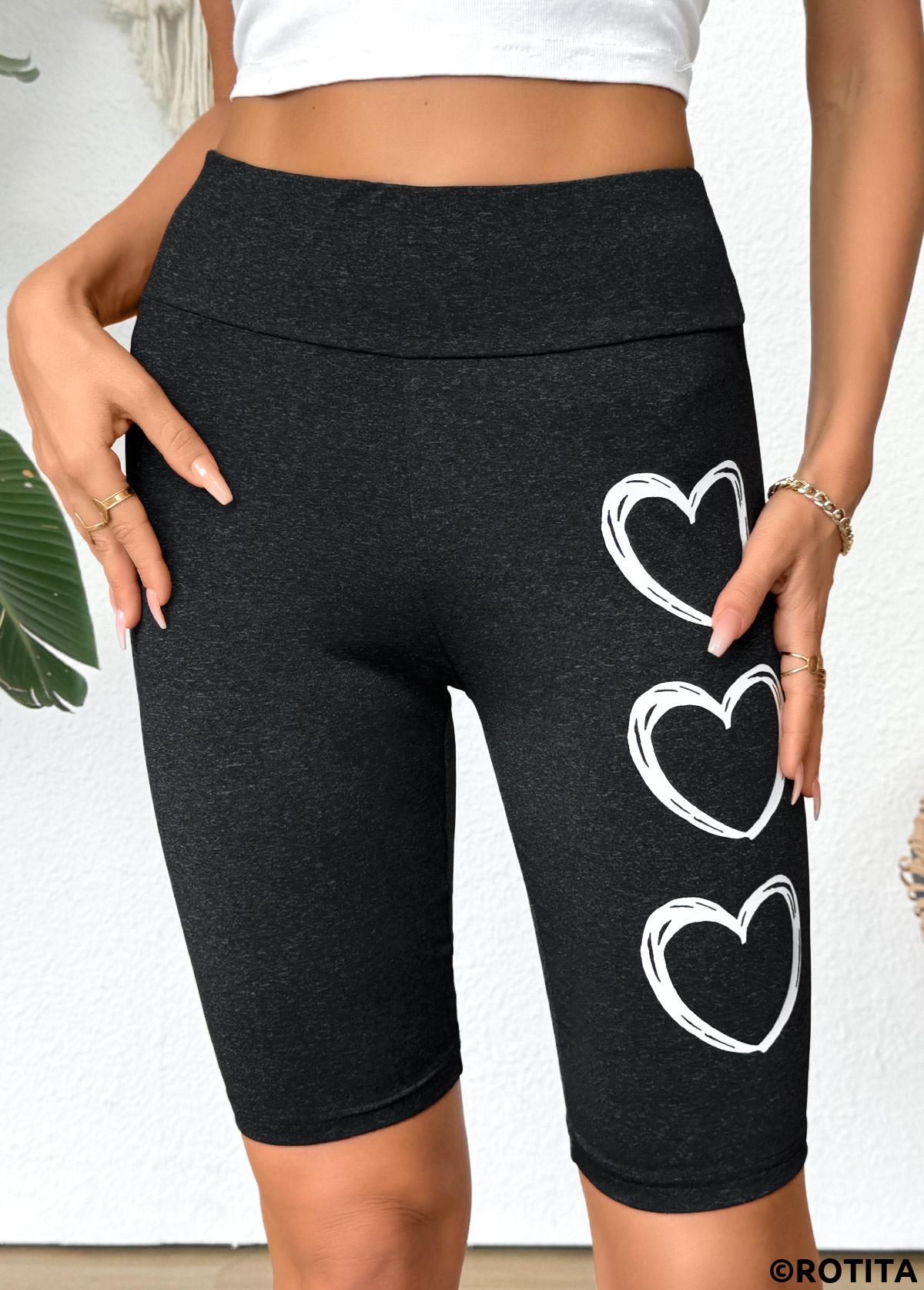 Black bottoms,Heart bottoms,Heart Print Black High Waisted Elastic Waist Short Leggings
