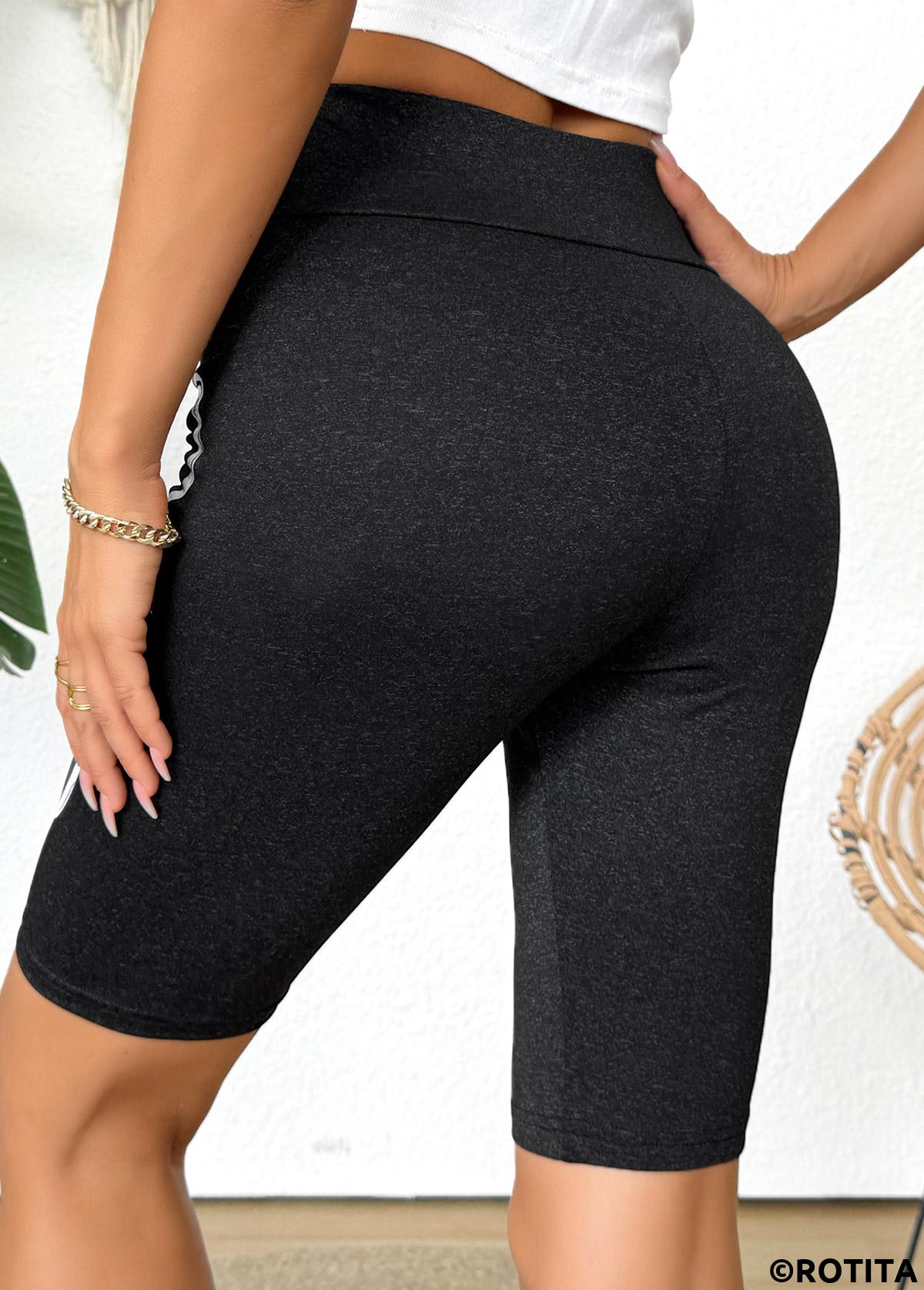 Black bottoms,Heart bottoms,Heart Print Black High Waisted Elastic Waist Short Leggings