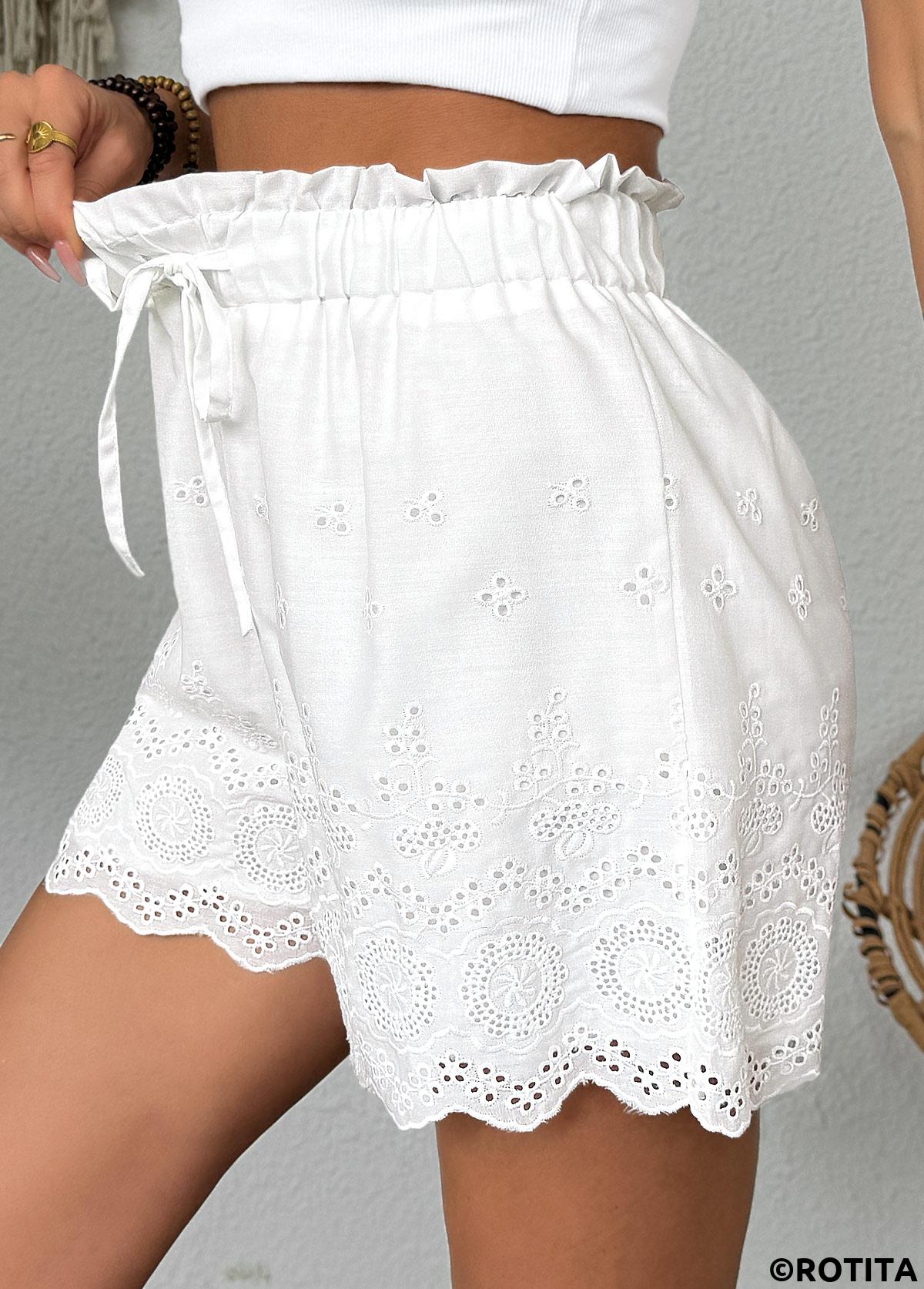 White bottoms,Plain Color bottoms,White Straight Leg Elastic Waist Mid Waisted Shorts