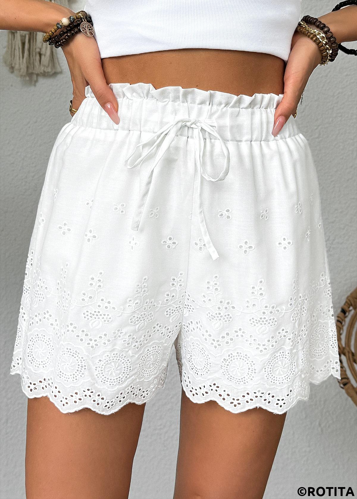 White bottoms,Plain Color bottoms,White Straight Leg Elastic Waist Mid Waisted Shorts