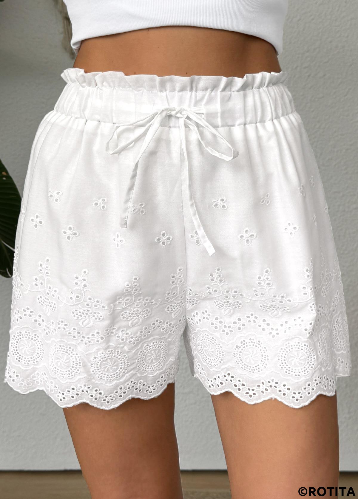 White bottoms,Plain Color bottoms,White Straight Leg Elastic Waist Mid Waisted Shorts