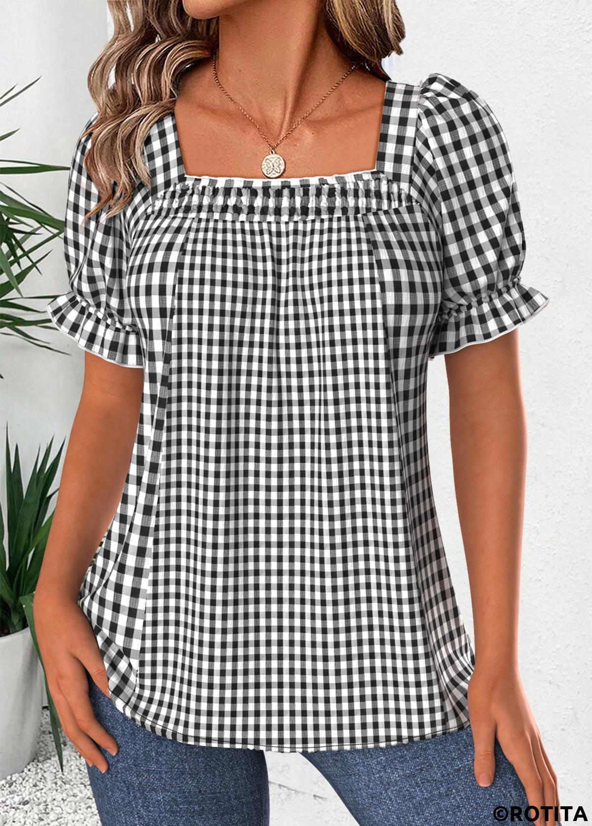 Black tops,Plaid tops,Geometric tops,ROTITA Plaid Black Square Neck Short Sleeve Blouse