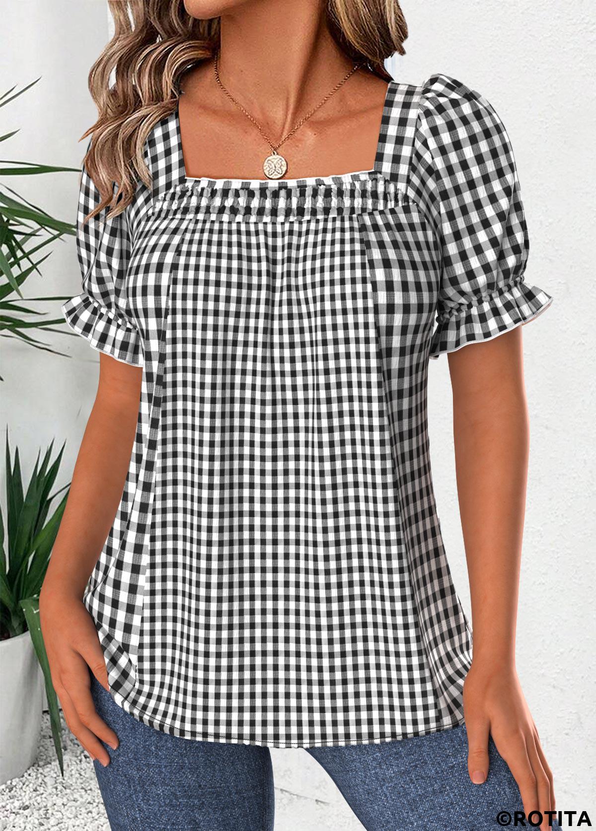 Black tops,Plaid tops,Geometric tops,ROTITA Plaid Black Square Neck Short Sleeve Blouse