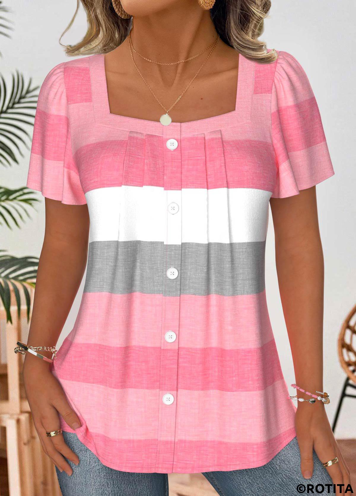 Light Pink tops,Striped tops,Geometric tops,ROTITA Striped Light Pink Square Neck Short Sleeve Blouse
