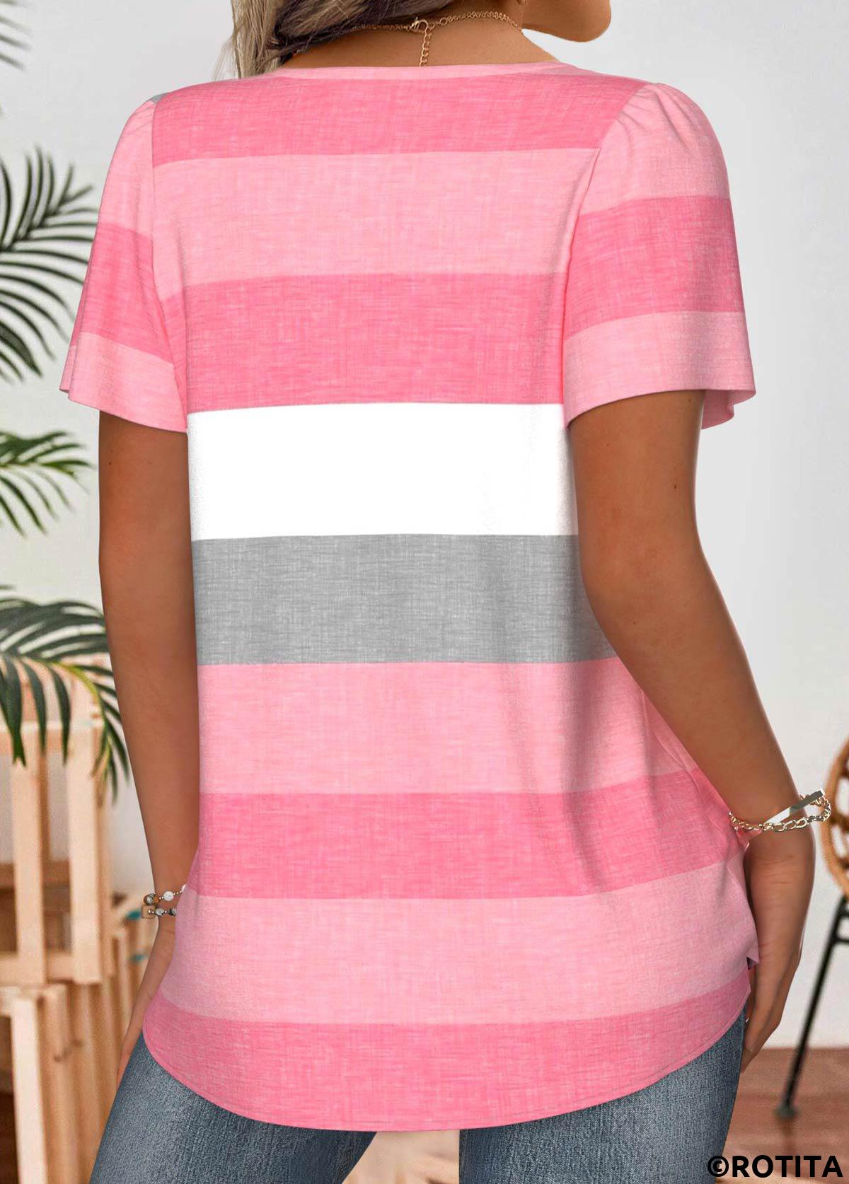 Light Pink tops,Striped tops,Geometric tops,ROTITA Striped Light Pink Square Neck Short Sleeve Blouse