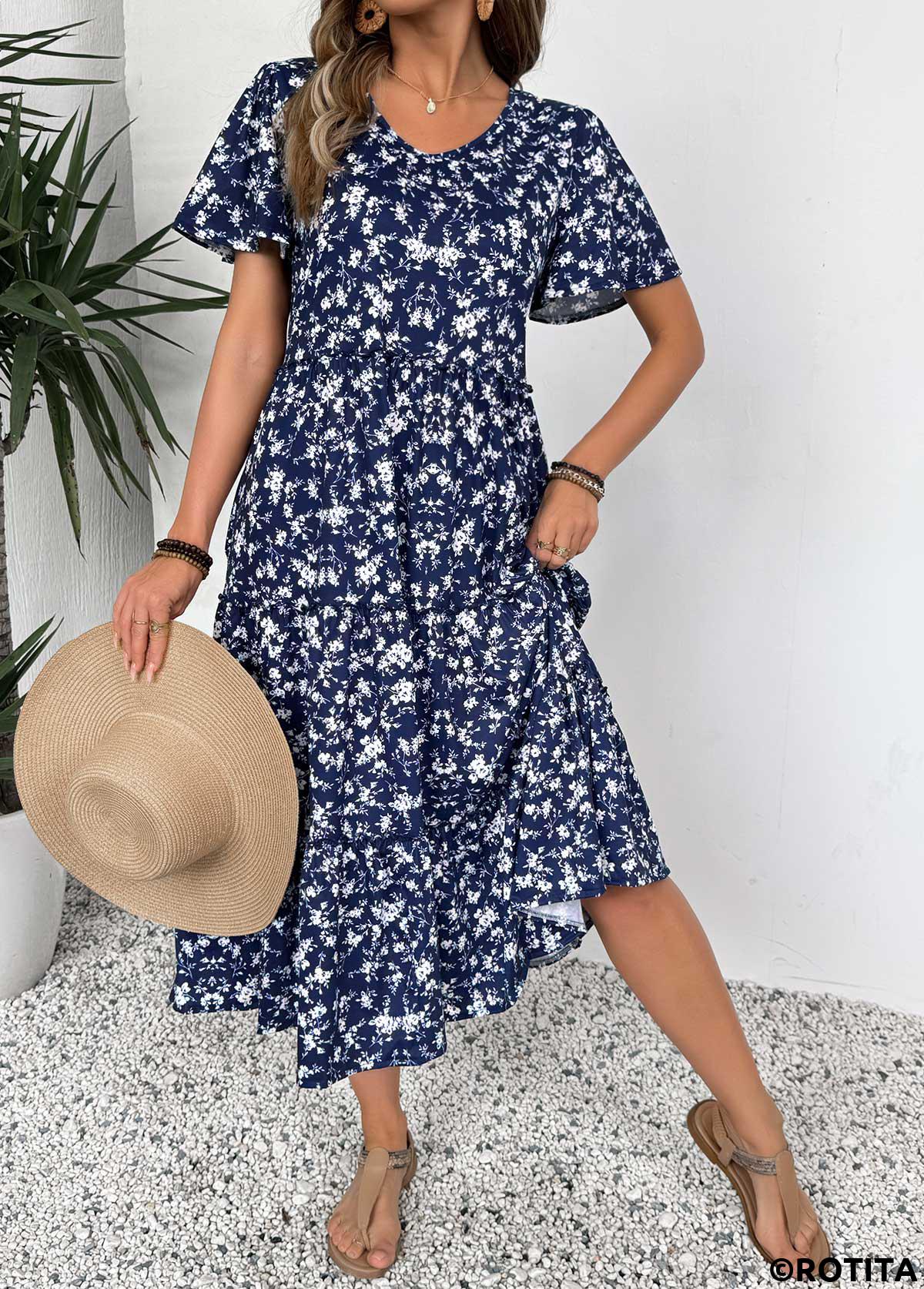 Navy dresses,Ditsy Floral dresses,Everyday dresses,Casual dresses,ROTITA Ditsy Floral Print Navy V Neck Short Sleeve Dress