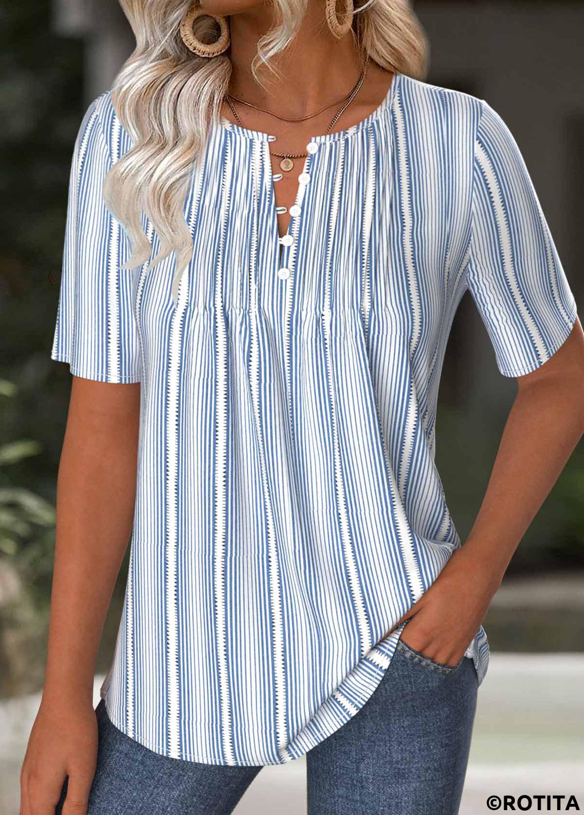 Light Blue tops,Striped tops,Geometric tops,ROTITA Striped Light Blue Split Neck Short Sleeve T Shirt