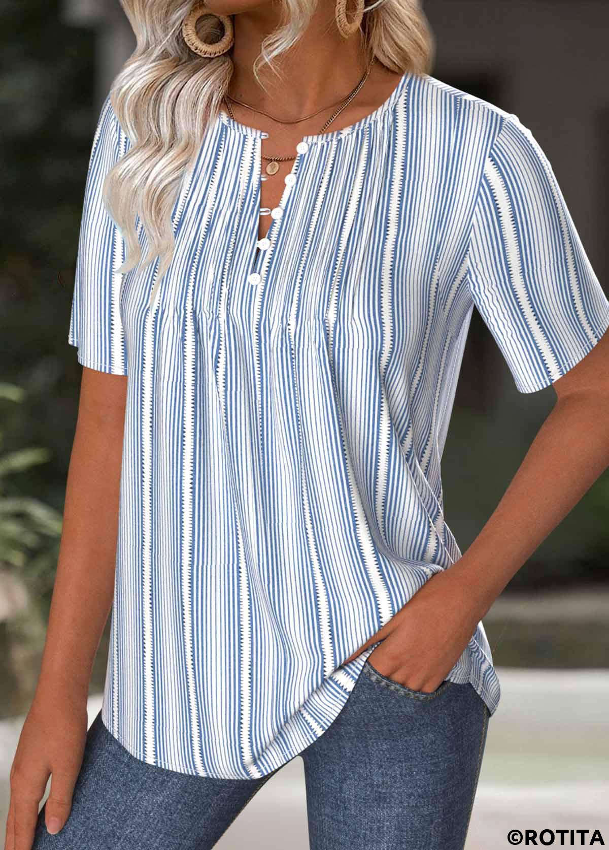 Light Blue tops,Striped tops,Geometric tops,ROTITA Striped Light Blue Split Neck Short Sleeve T Shirt