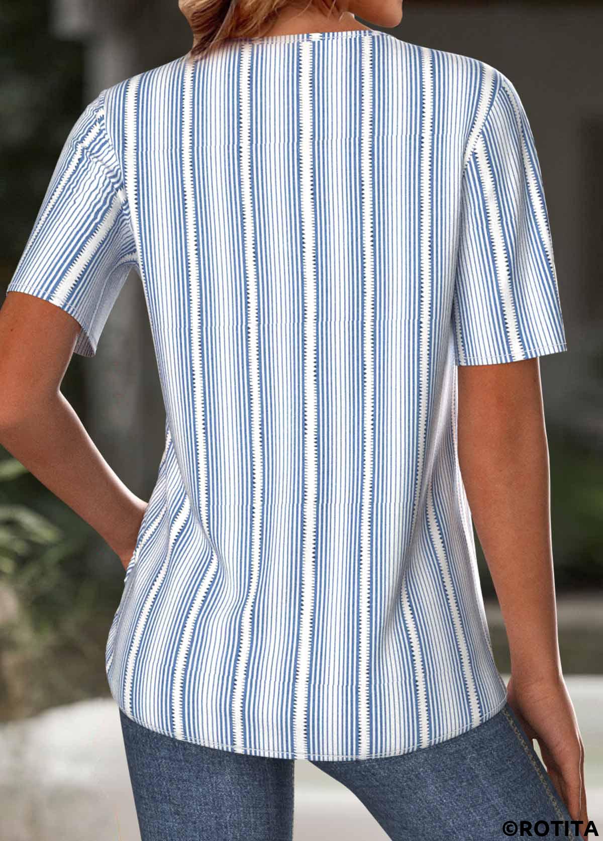 Light Blue tops,Striped tops,Geometric tops,ROTITA Striped Light Blue Split Neck Short Sleeve T Shirt