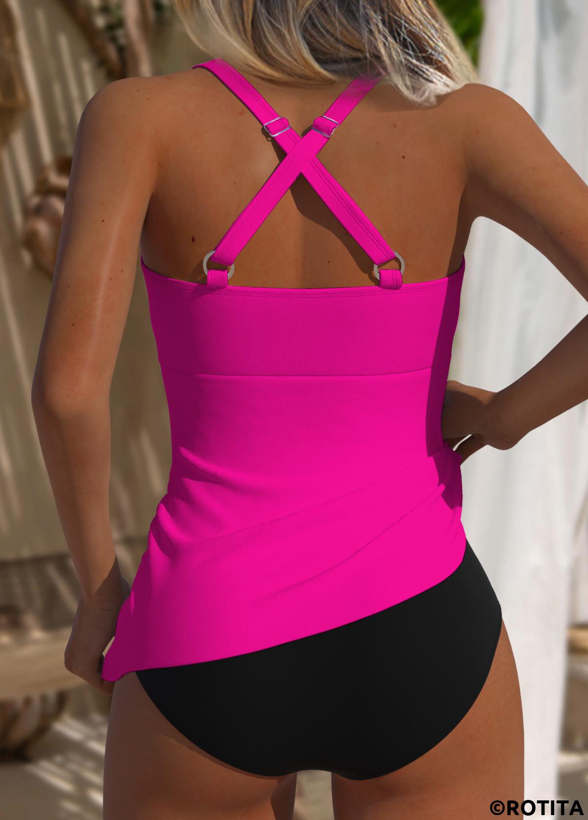 Hot Pink swimwear,Plain Color swimwear,ROTITA Hot Pink Criss Cross Ruched Tankini Top