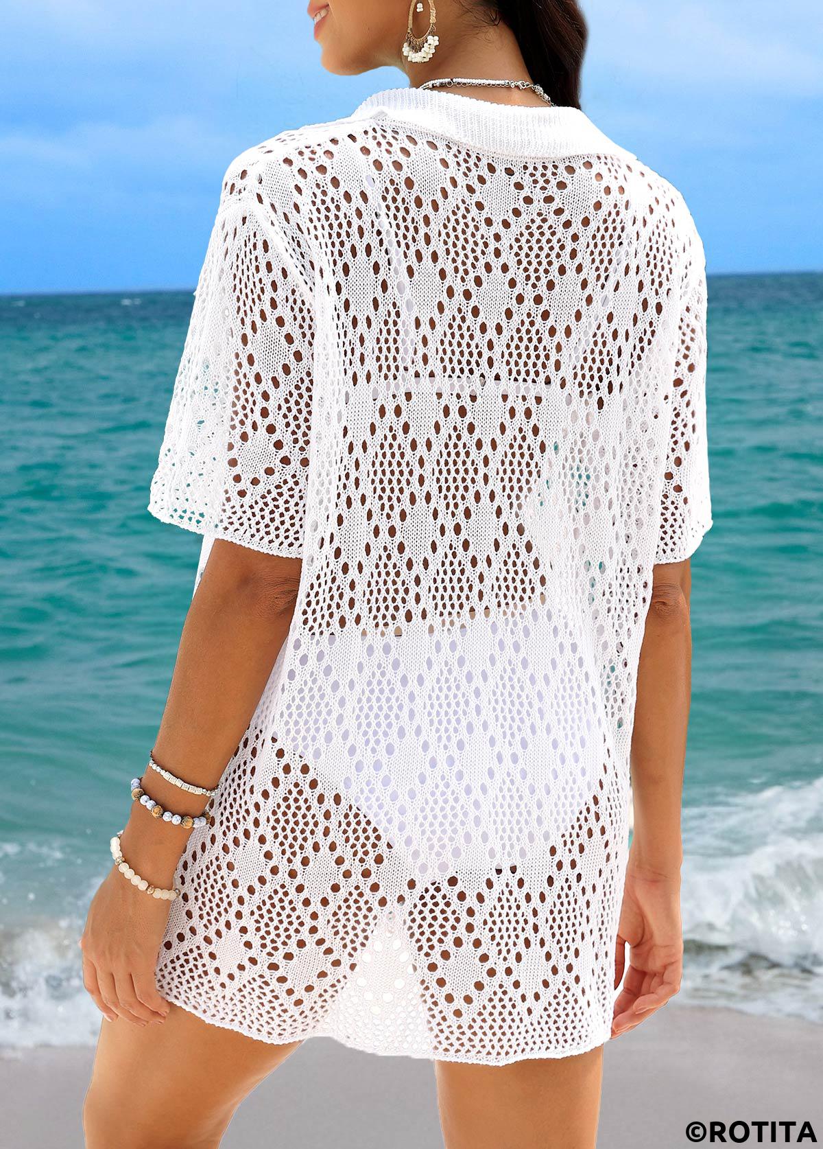 White swimwear,Plain Color swimwear,White Turn Down Collar Cover Up