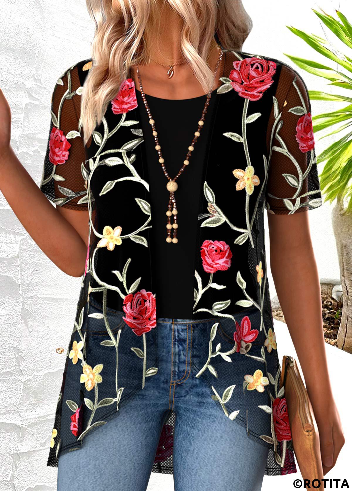 Black tops,Floral tops,Plants tops,ROTITA Floral Print Black Round Neck Cardigan and Tank Top