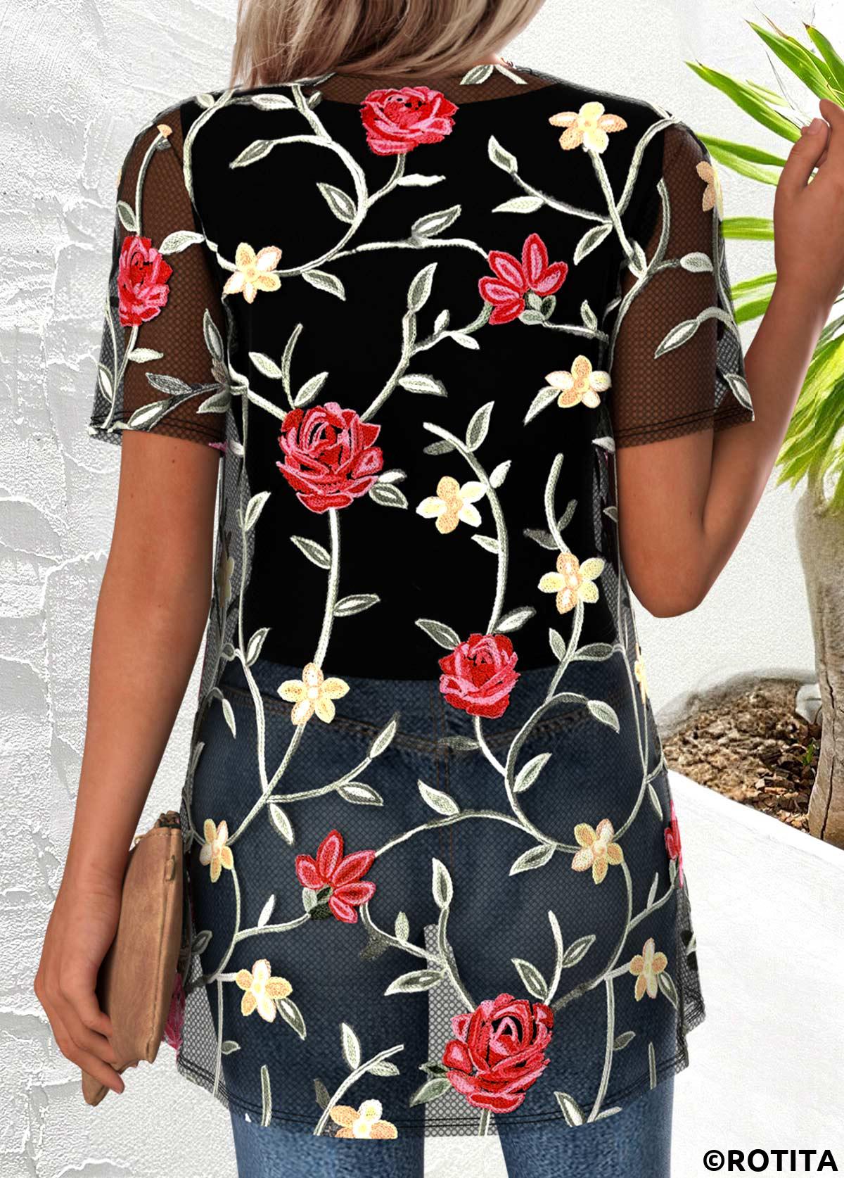 Black tops,Floral tops,Plants tops,ROTITA Floral Print Black Round Neck Cardigan and Tank Top
