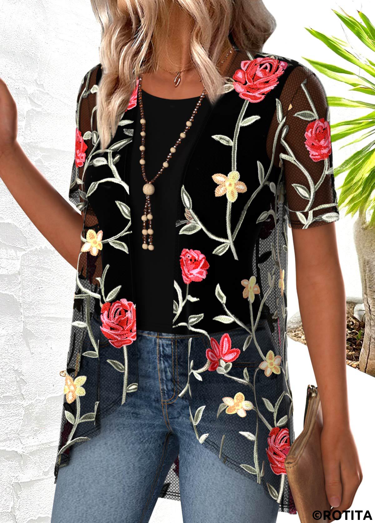 Black tops,Floral tops,Plants tops,ROTITA Floral Print Black Round Neck Cardigan and Tank Top