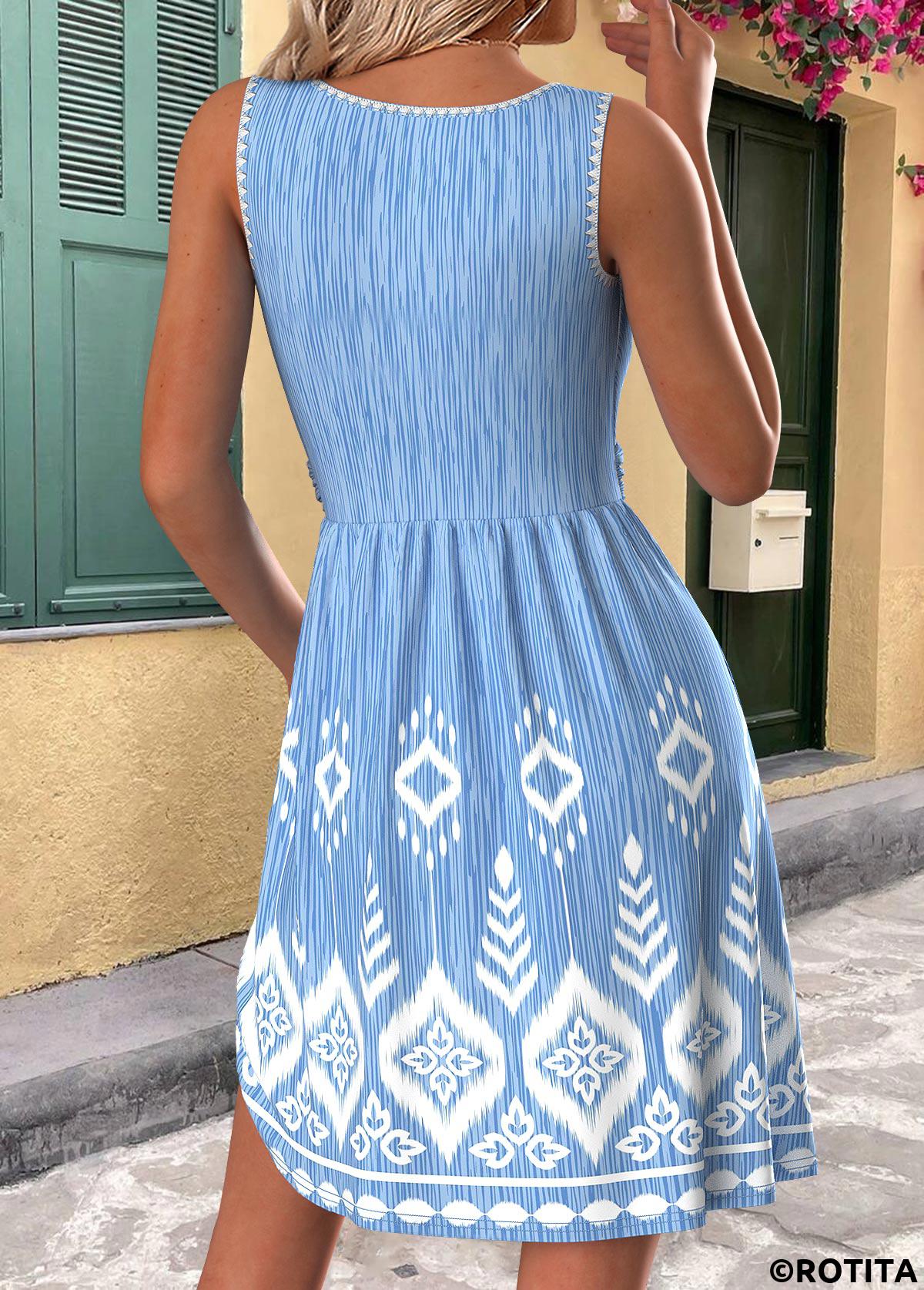 Light Blue dresses,Tribal dresses,Everyday dresses,Casual dresses,ROTITA Tribal Print Light Blue Short Round Neck Sleeveless Dress