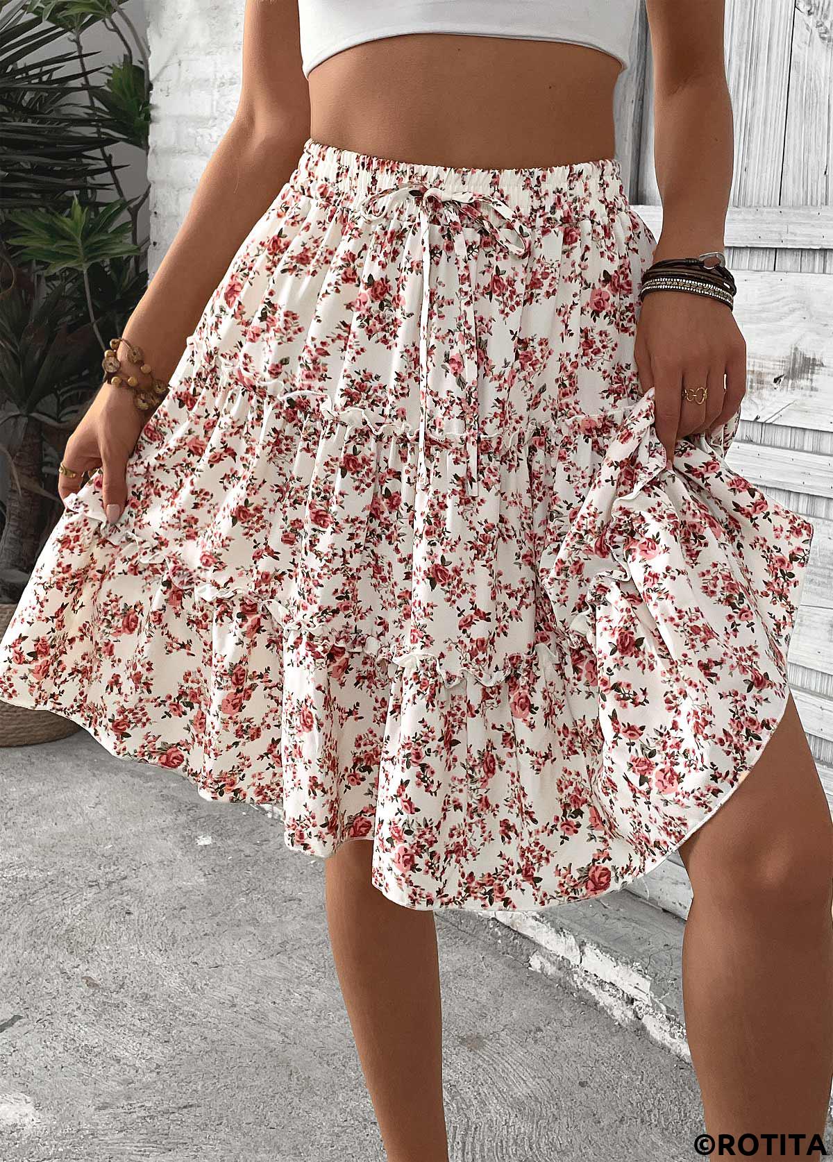 Brick Red bottoms,Ditsy Floral bottoms,Ditsy Floral Print Brick Red Elastic Waist Skirt