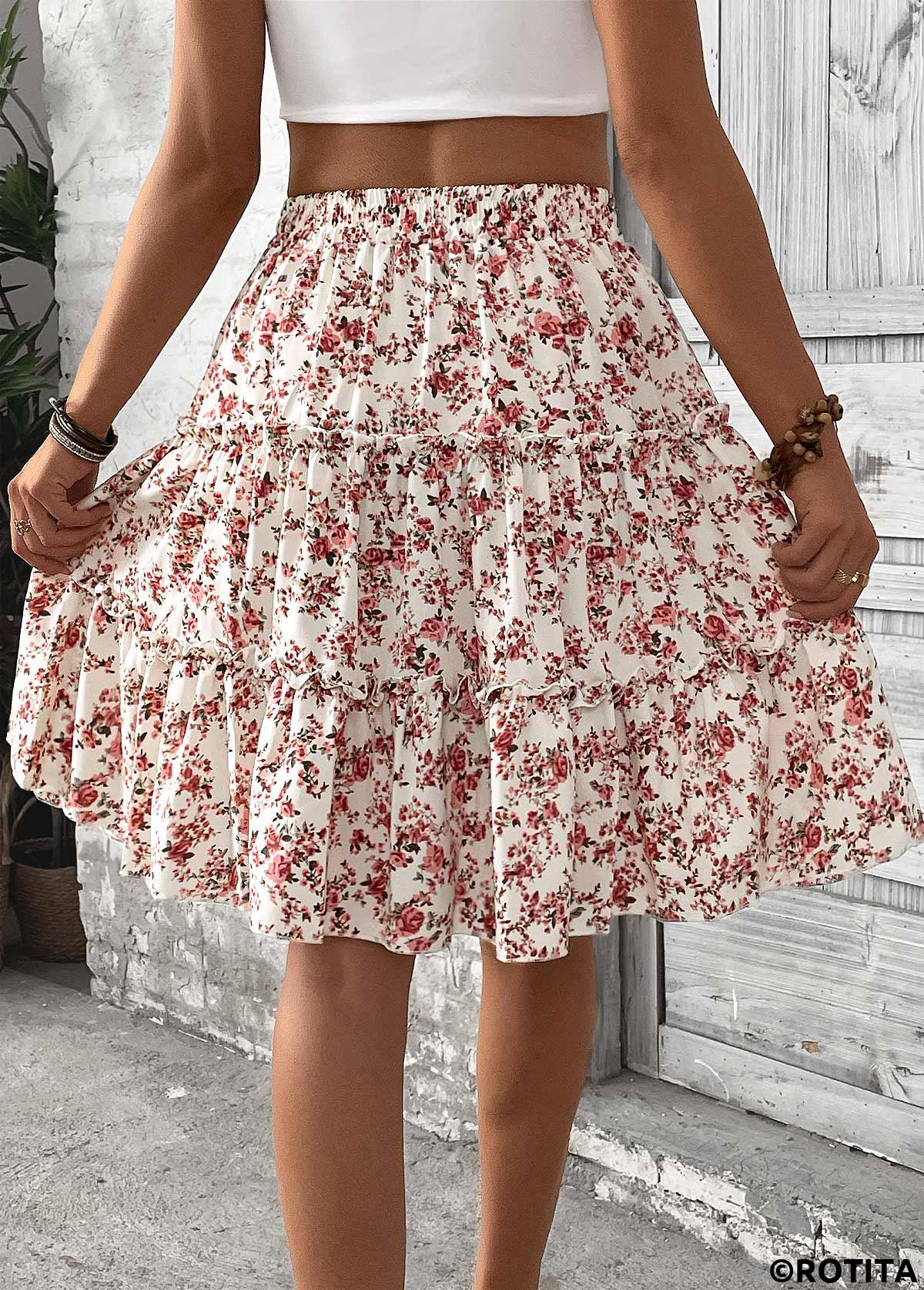 Brick Red bottoms,Ditsy Floral bottoms,Ditsy Floral Print Brick Red Elastic Waist Skirt