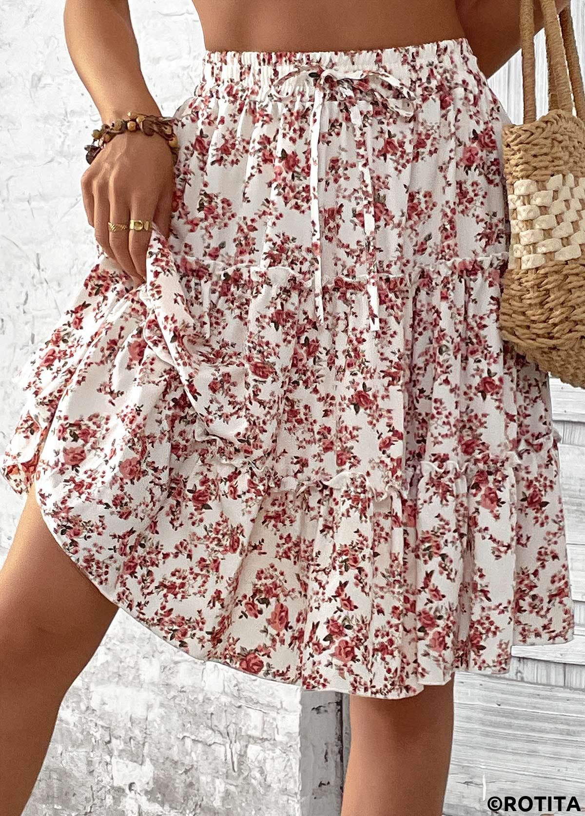 Brick Red bottoms,Ditsy Floral bottoms,Ditsy Floral Print Brick Red Elastic Waist Skirt