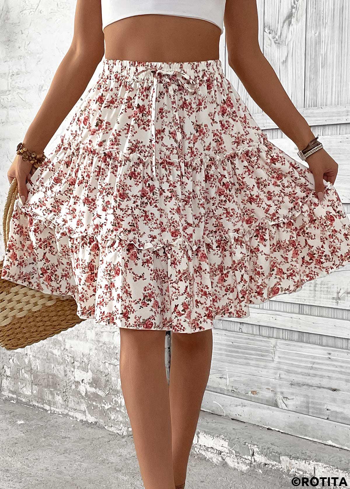 Brick Red bottoms,Ditsy Floral bottoms,Ditsy Floral Print Brick Red Elastic Waist Skirt