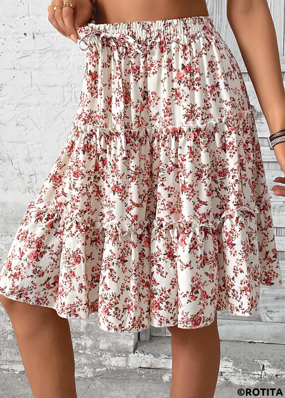 Brick Red bottoms,Ditsy Floral bottoms,Ditsy Floral Print Brick Red Elastic Waist Skirt