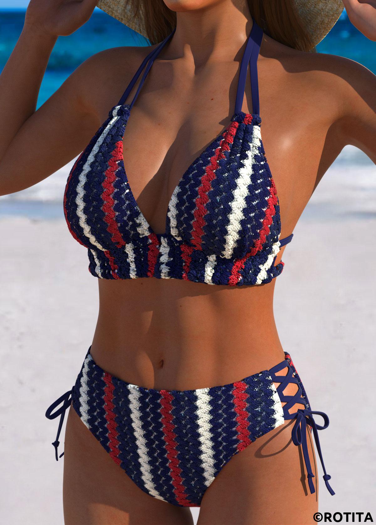Multi Color swimwear,Flag swimwear,ROTITA Multi Color Flag Print Mid Waisted Bikini Set