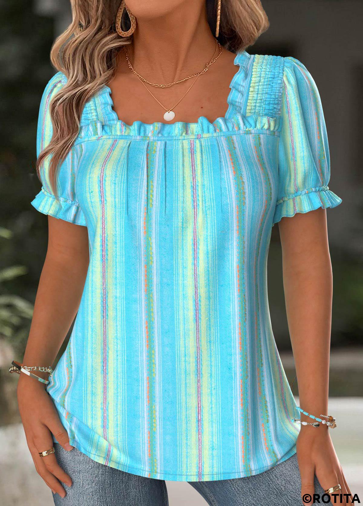 Light Blue tops,Striped tops,Geometric tops,ROTITA Multi Stripe Print Light Blue Square Neck Blouse