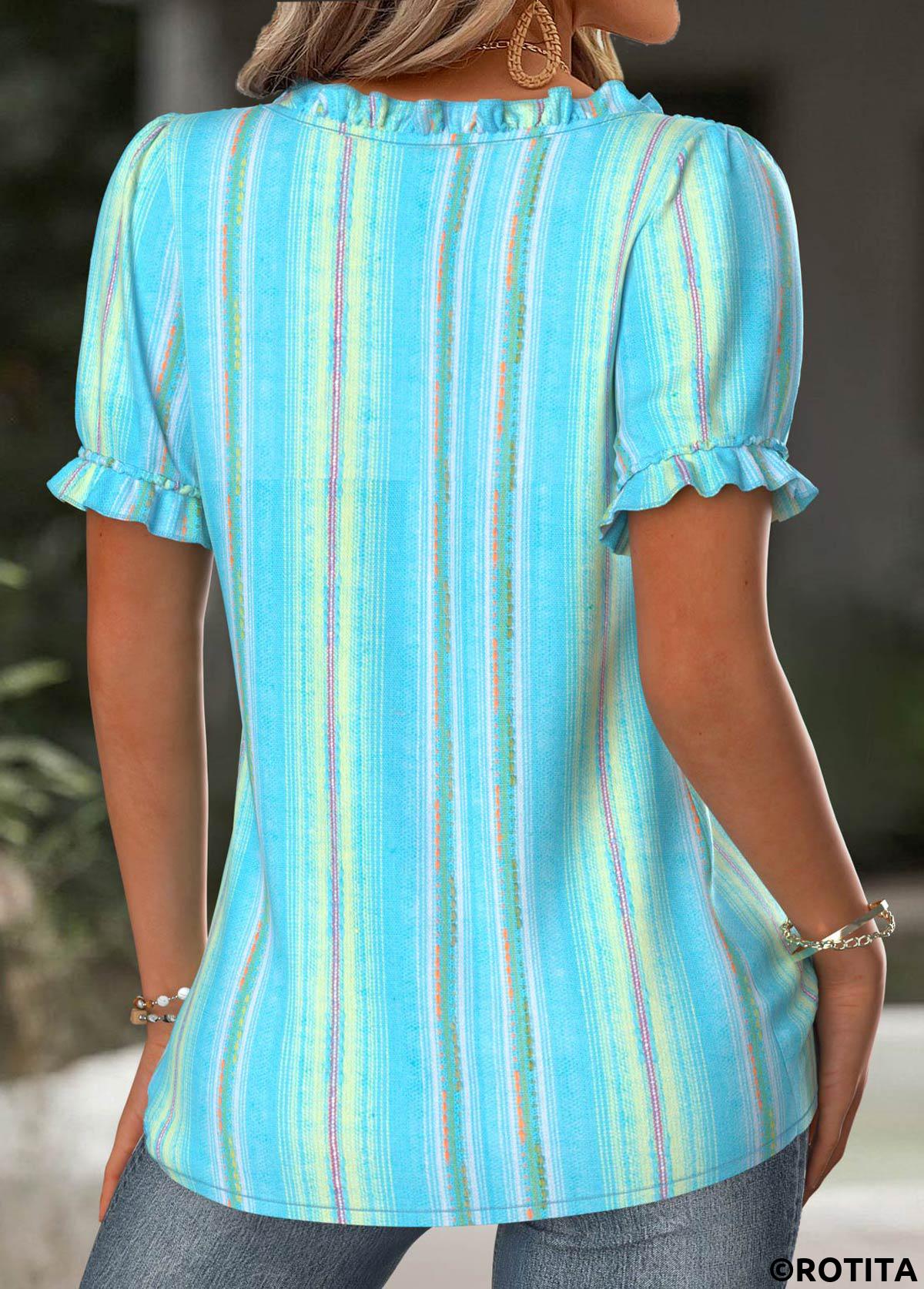 Light Blue tops,Striped tops,Geometric tops,ROTITA Multi Stripe Print Light Blue Square Neck Blouse