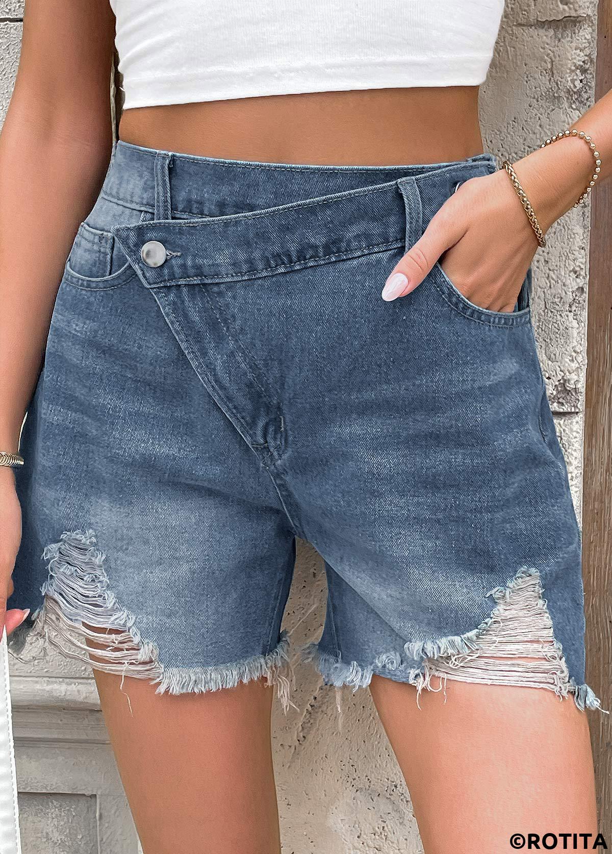 Denim Blue bottoms,Plain Color bottoms,Denim Blue Button Fly High Waisted Shorts