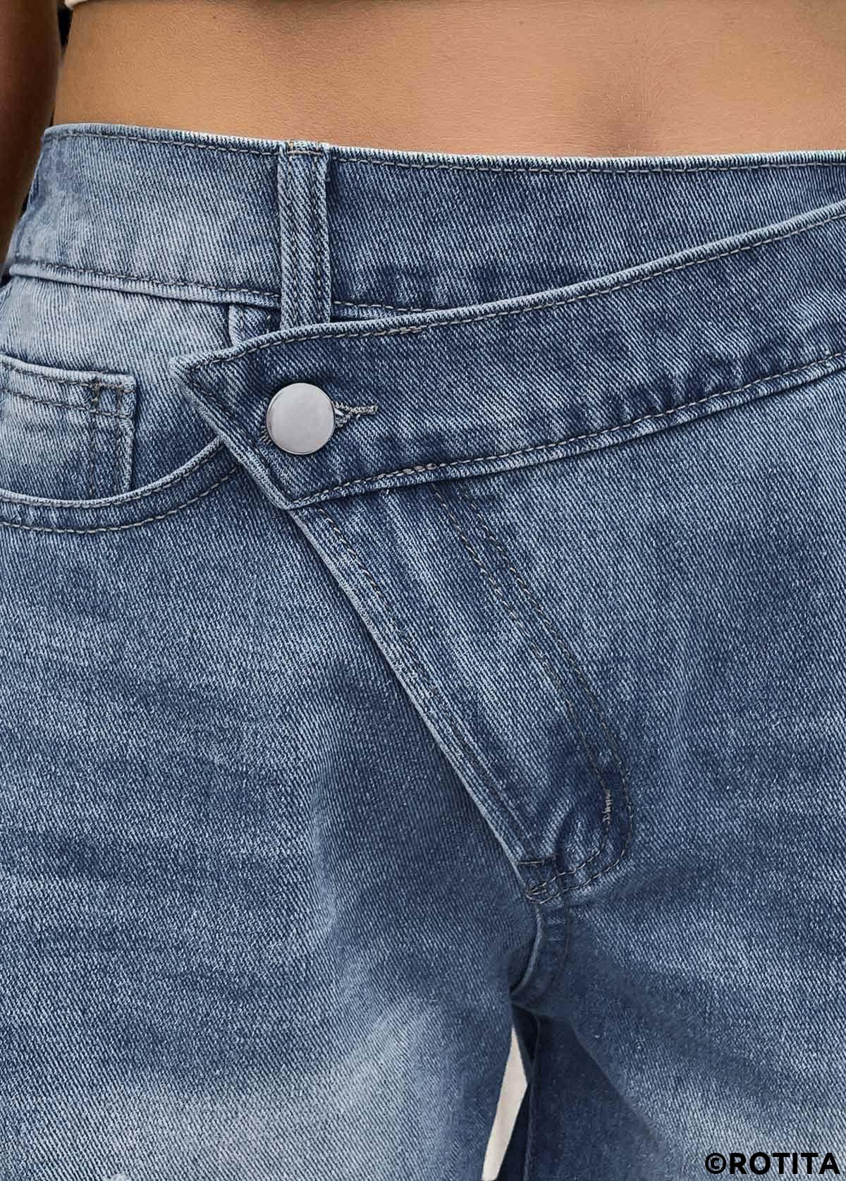 Denim Blue bottoms,Plain Color bottoms,Denim Blue Button Fly High Waisted Shorts