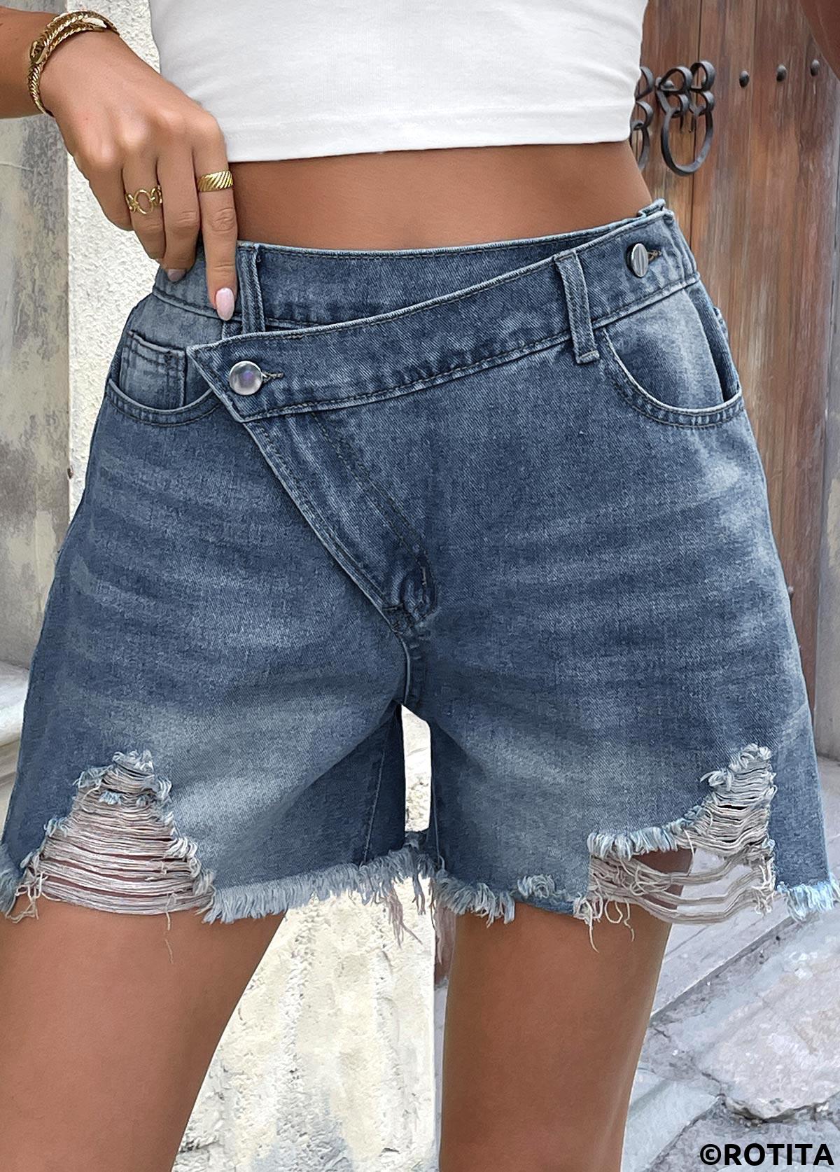 Denim Blue bottoms,Plain Color bottoms,Denim Blue Button Fly High Waisted Shorts