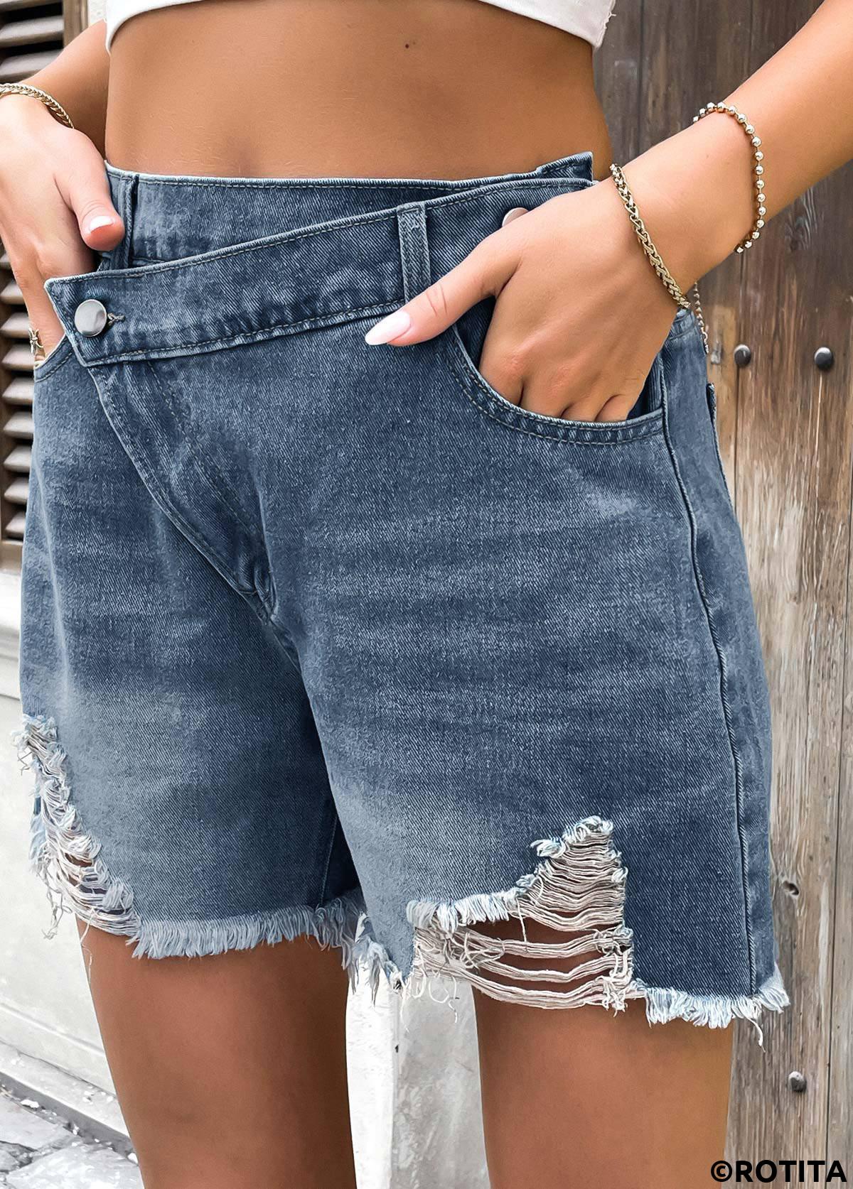 Denim Blue bottoms,Plain Color bottoms,Denim Blue Button Fly High Waisted Shorts