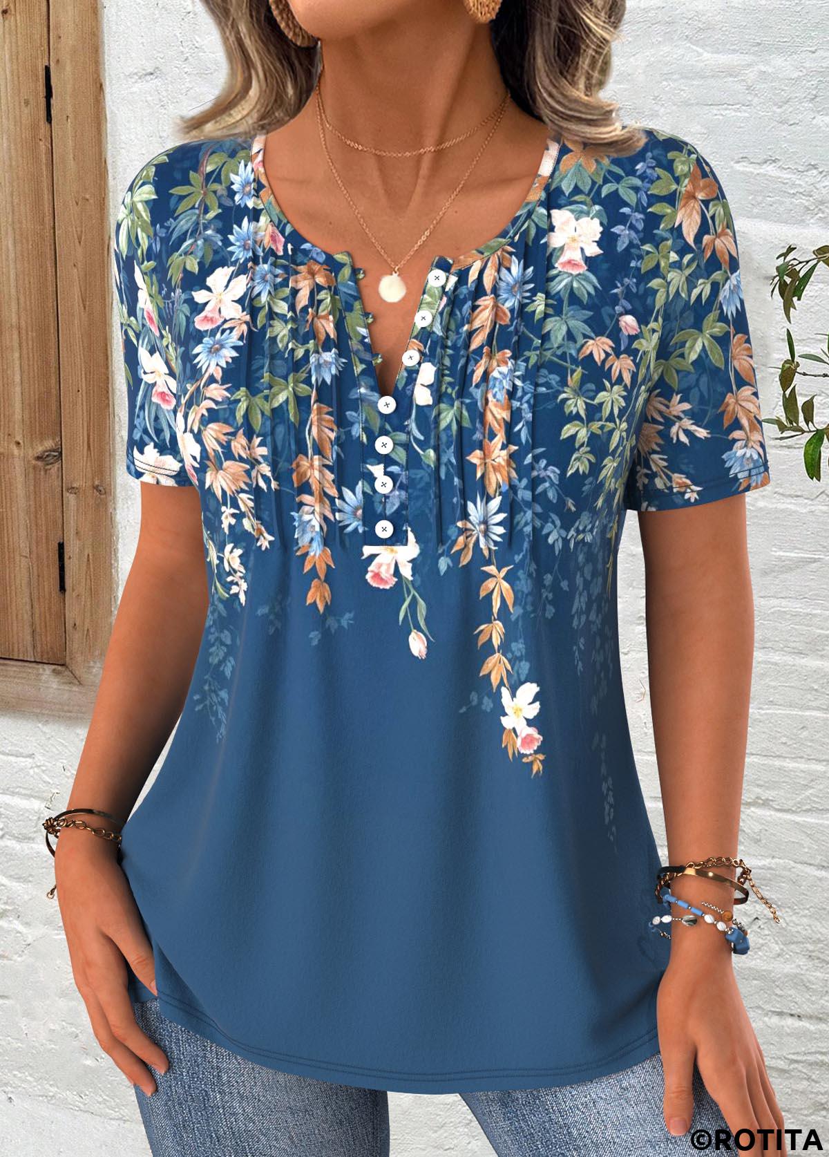 Peacock Blue tops,Floral tops,Plants tops,ROTITA Floral Print Peacock Blue Round Neck T Shirt