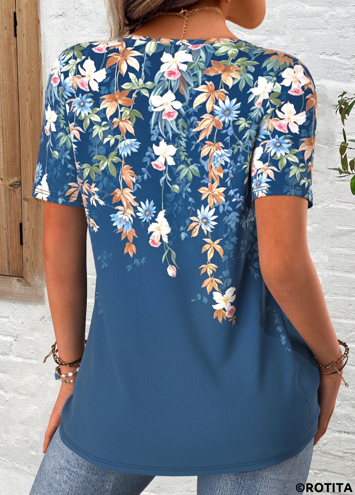 Peacock Blue tops,Floral tops,Plants tops,ROTITA Floral Print Peacock Blue Round Neck T Shirt